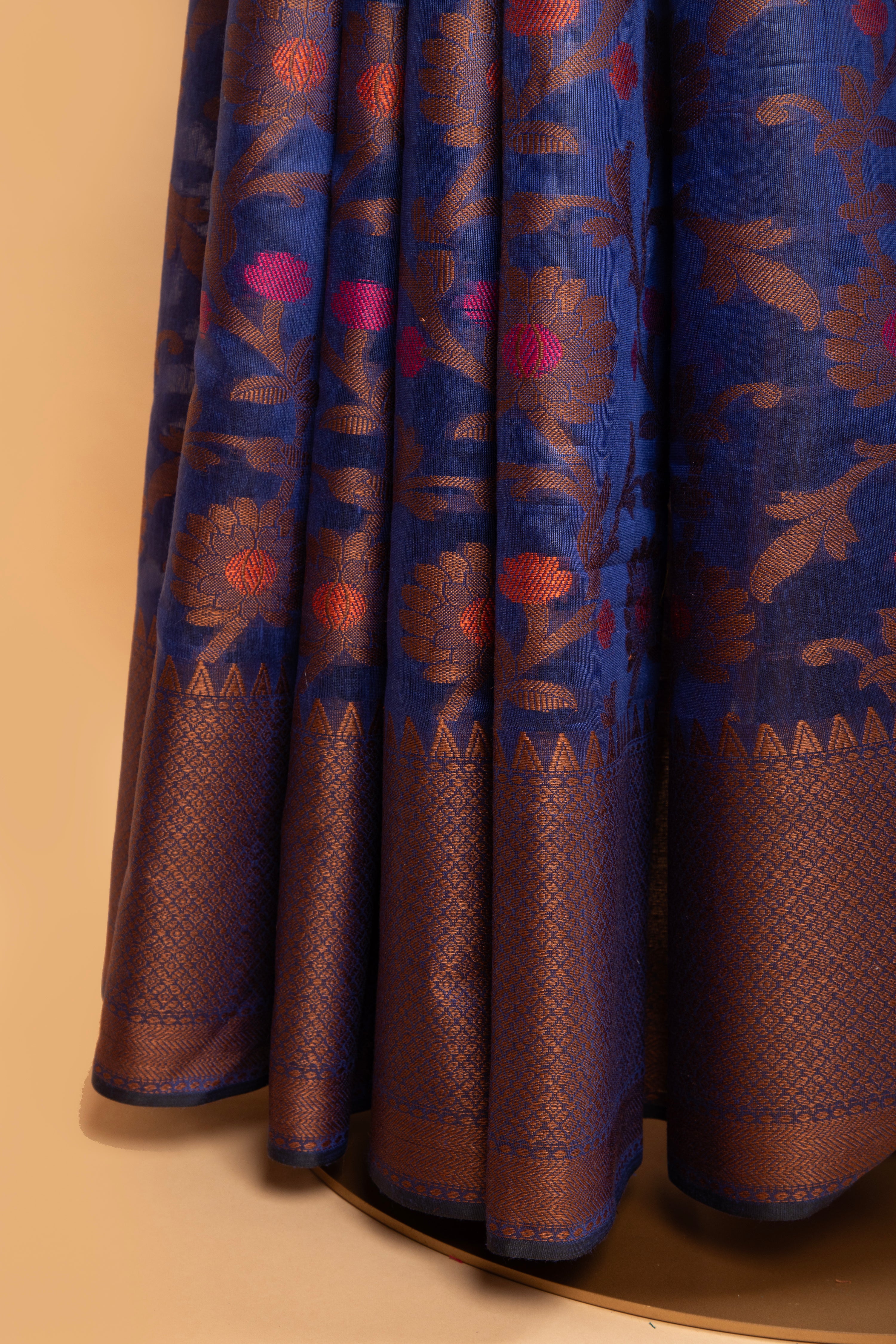 Blue floral design cotton saree