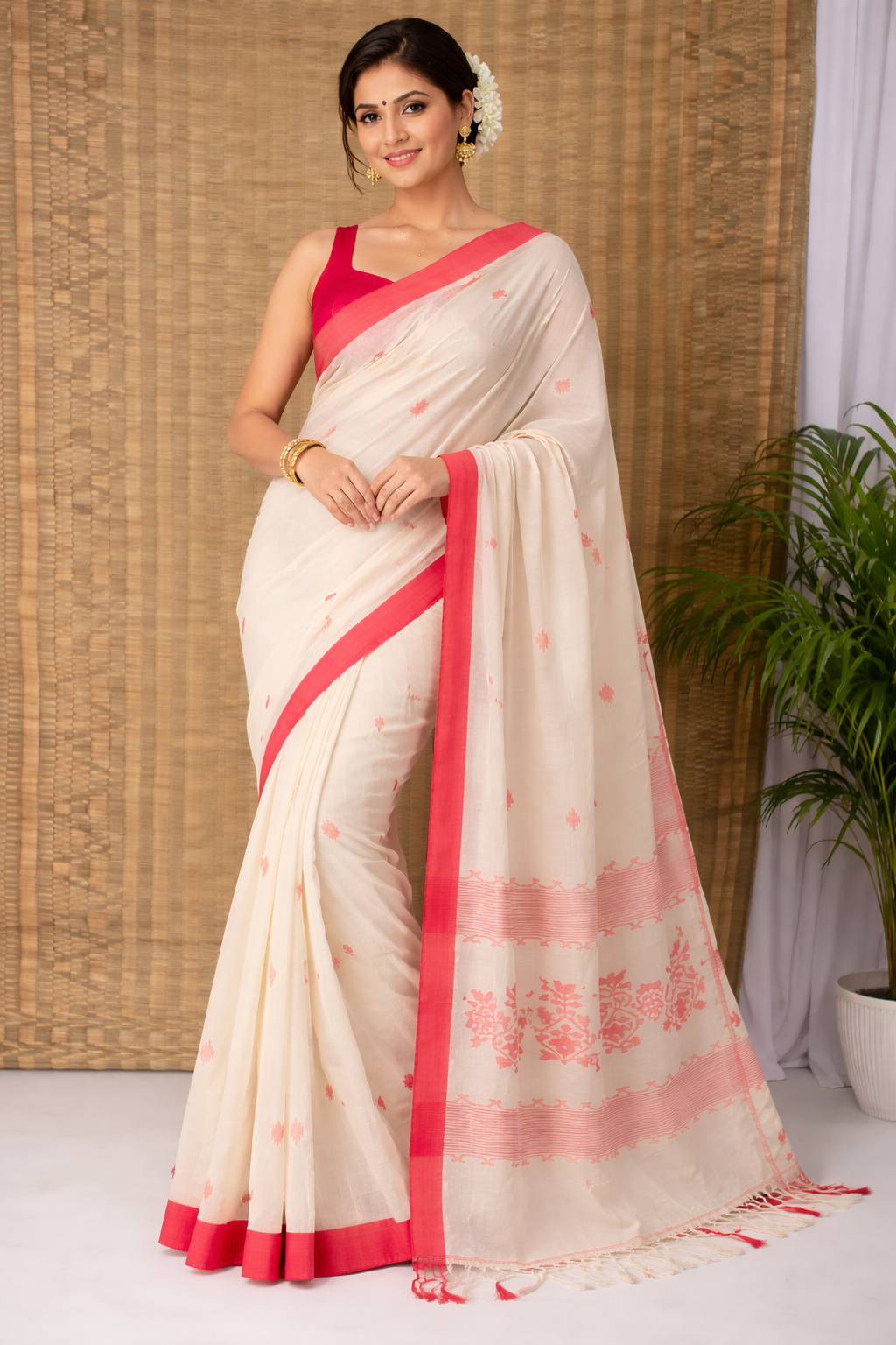 Red-White Cotton Saree
