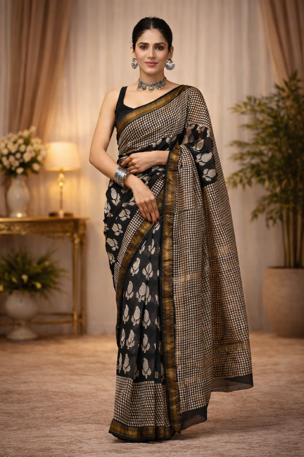 Black silk cotton block print saree with paisley motif