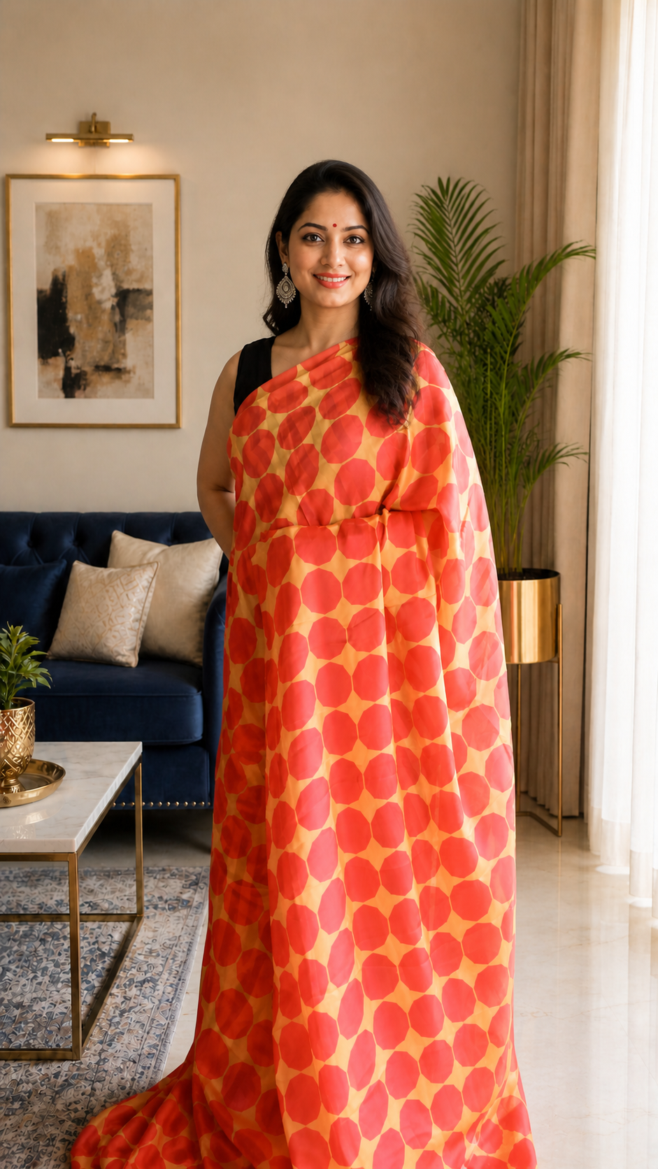 Geometric print satin saree