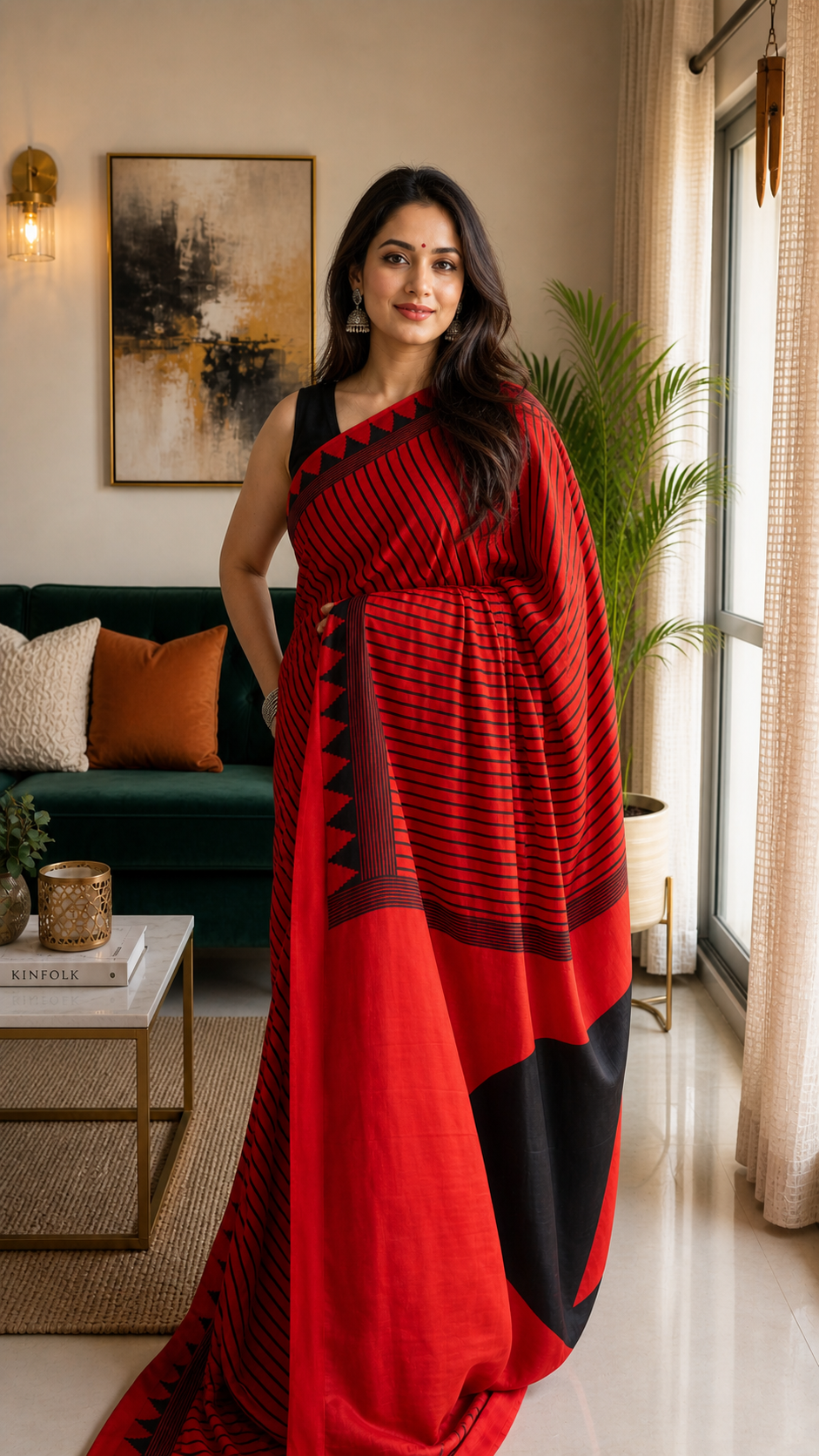 Red and black satin saree