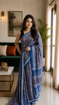 Azure blue all over print satin saree
