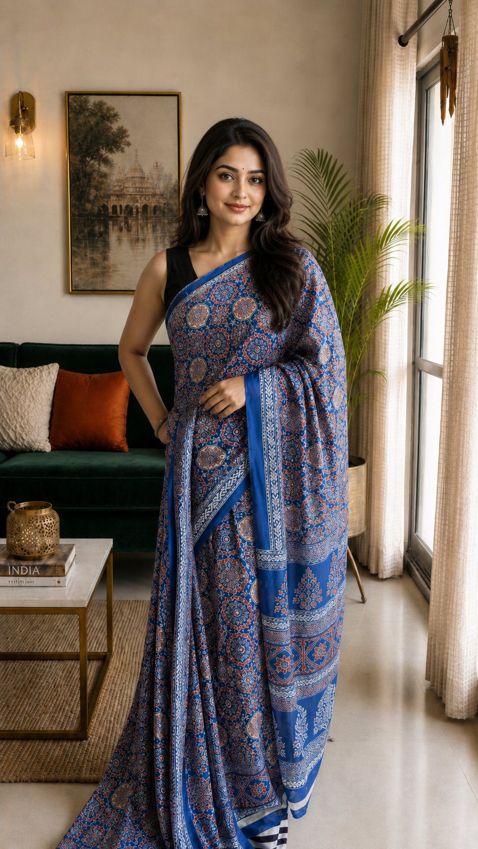 Azure blue all over print satin saree