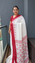 Red and white linen saree with temple design
