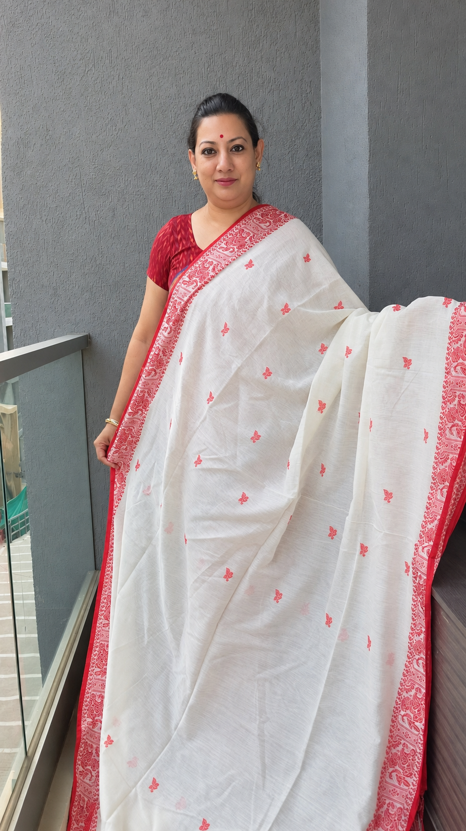 Cotton Baluchari - red and white