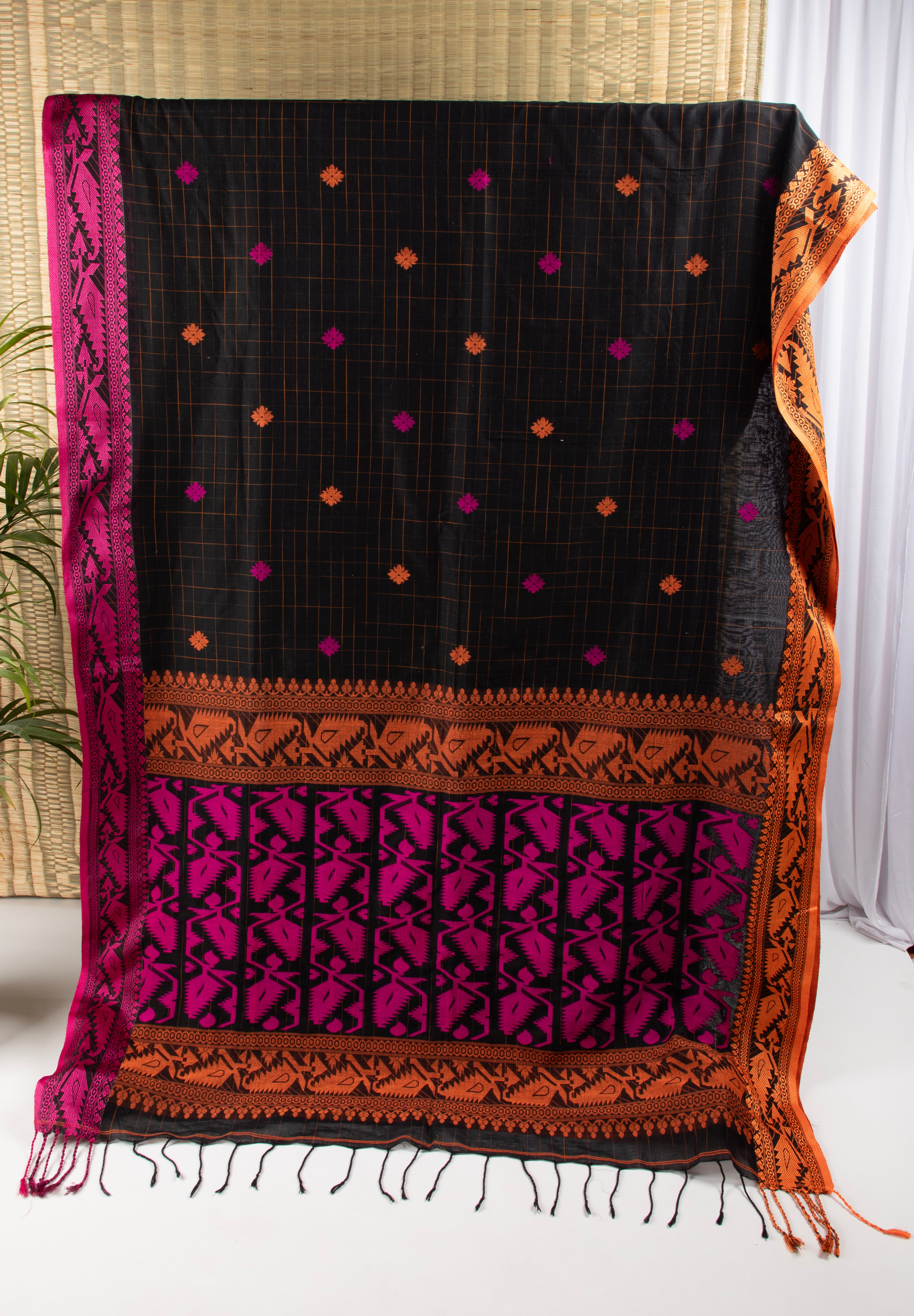 Black khadi cotton checks saree with ganga jamuna border