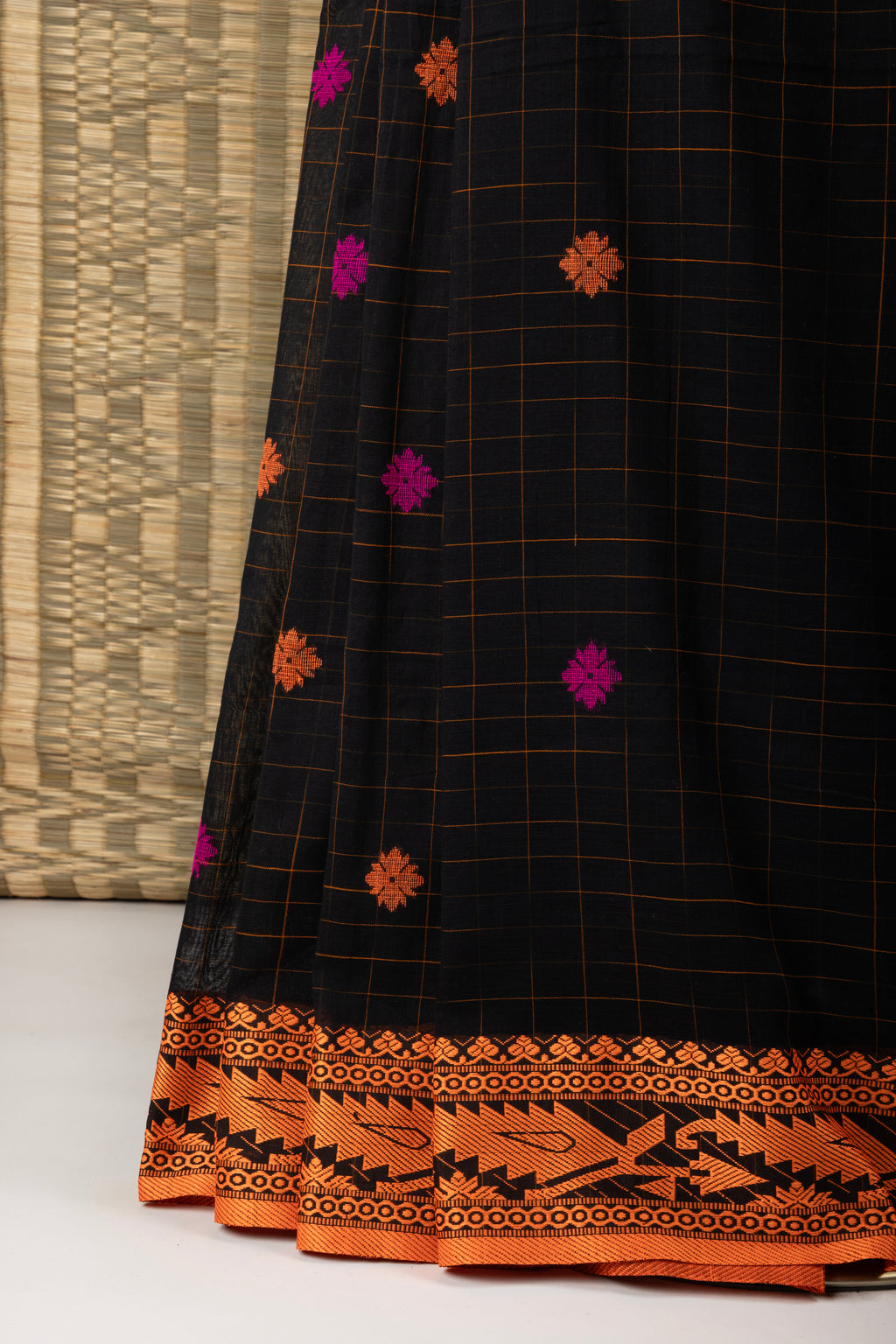 Black khadi cotton checks saree with ganga jamuna border