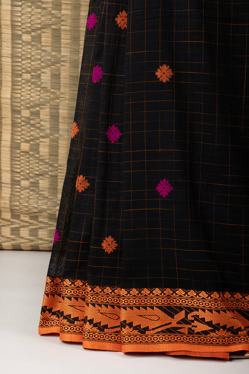Black khadi cotton checks saree with ganga jamuna border