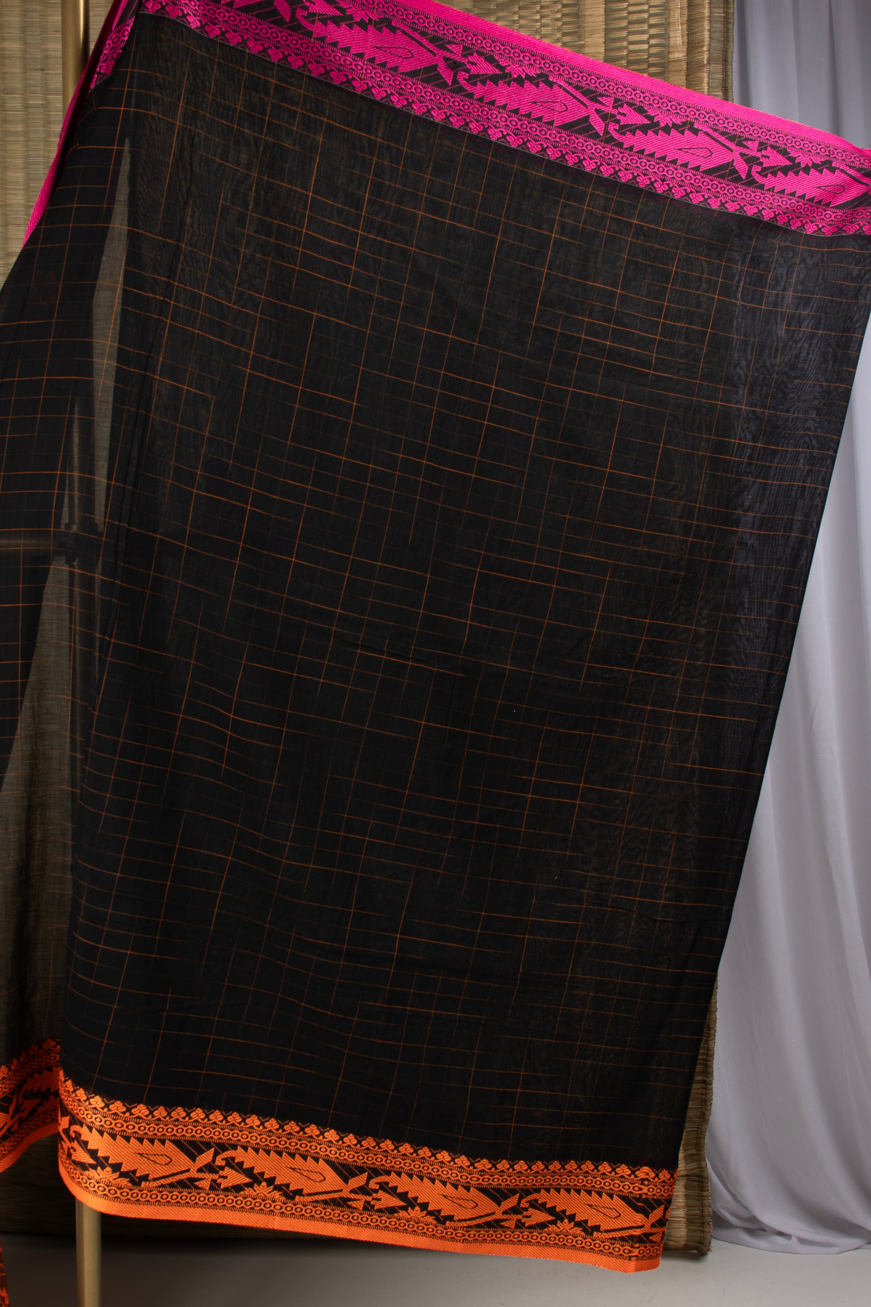 Black khadi cotton checks saree with ganga jamuna border