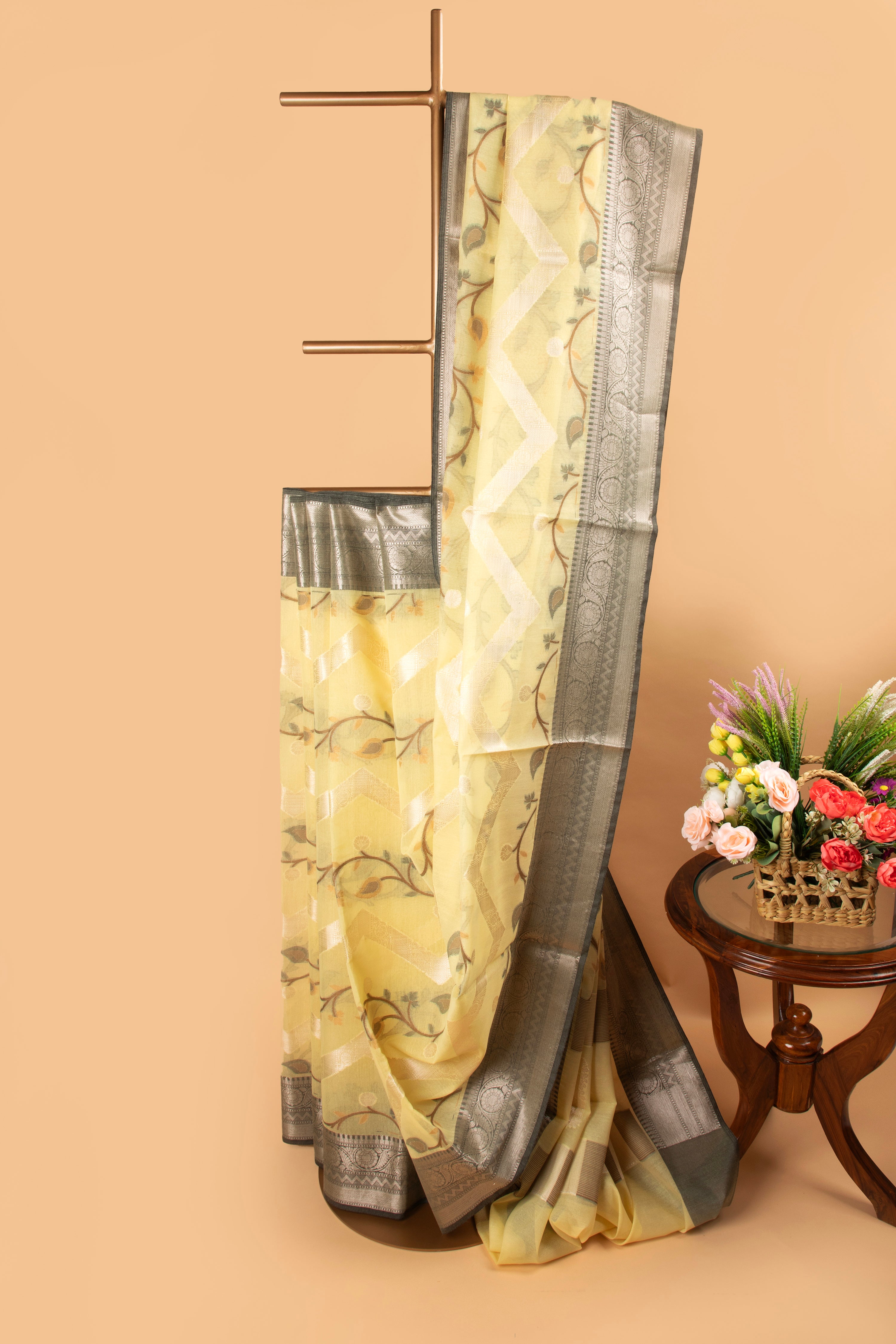Lemon yellow cotton saree with zari work