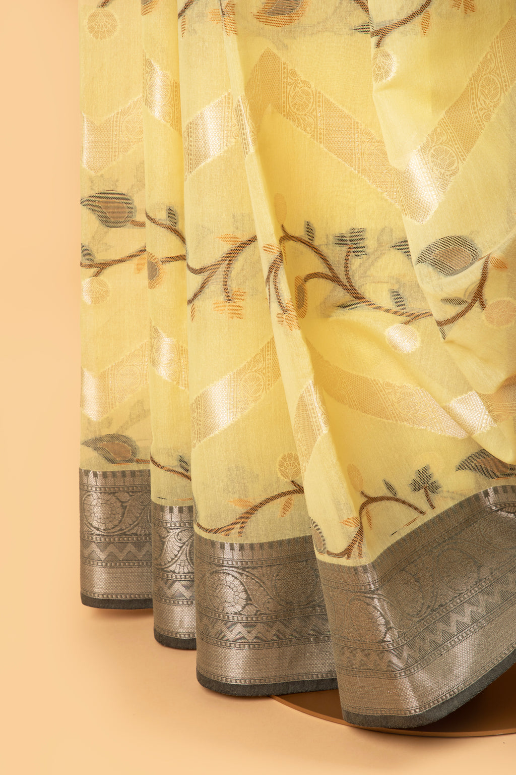 Lemon yellow cotton saree with zari work