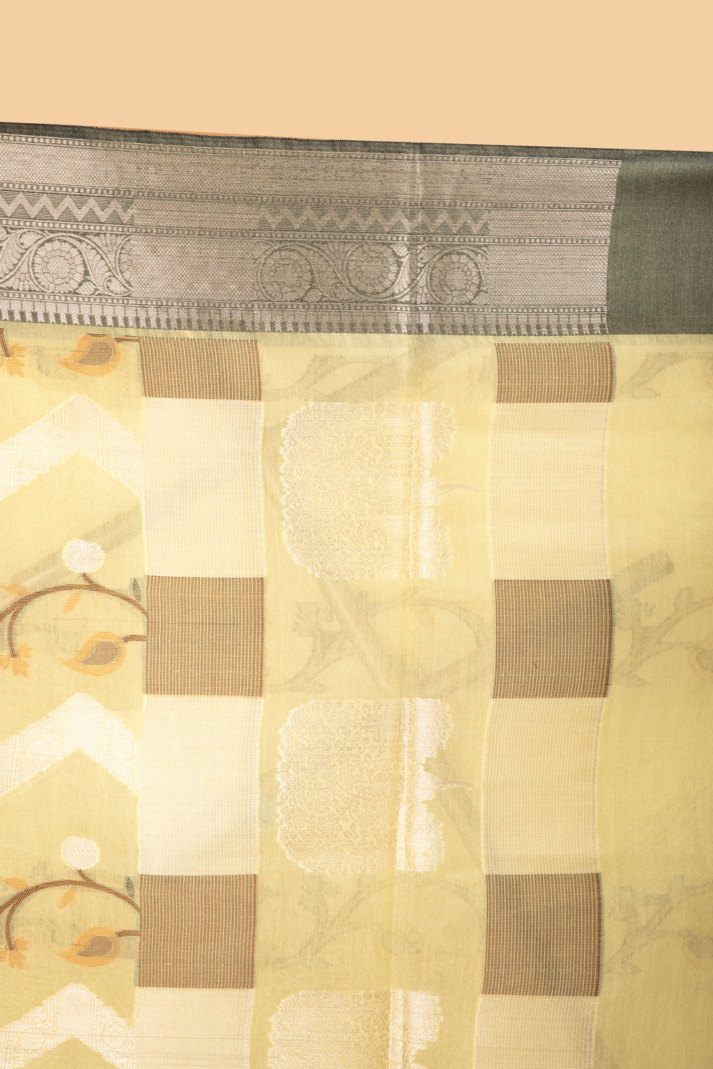 Lemon yellow cotton saree with zari work