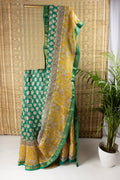 Green and yellow silk coton block print saree