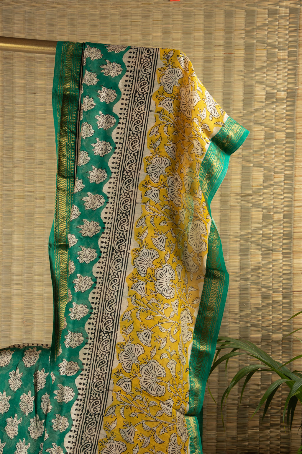 Green and yellow silk coton block print saree