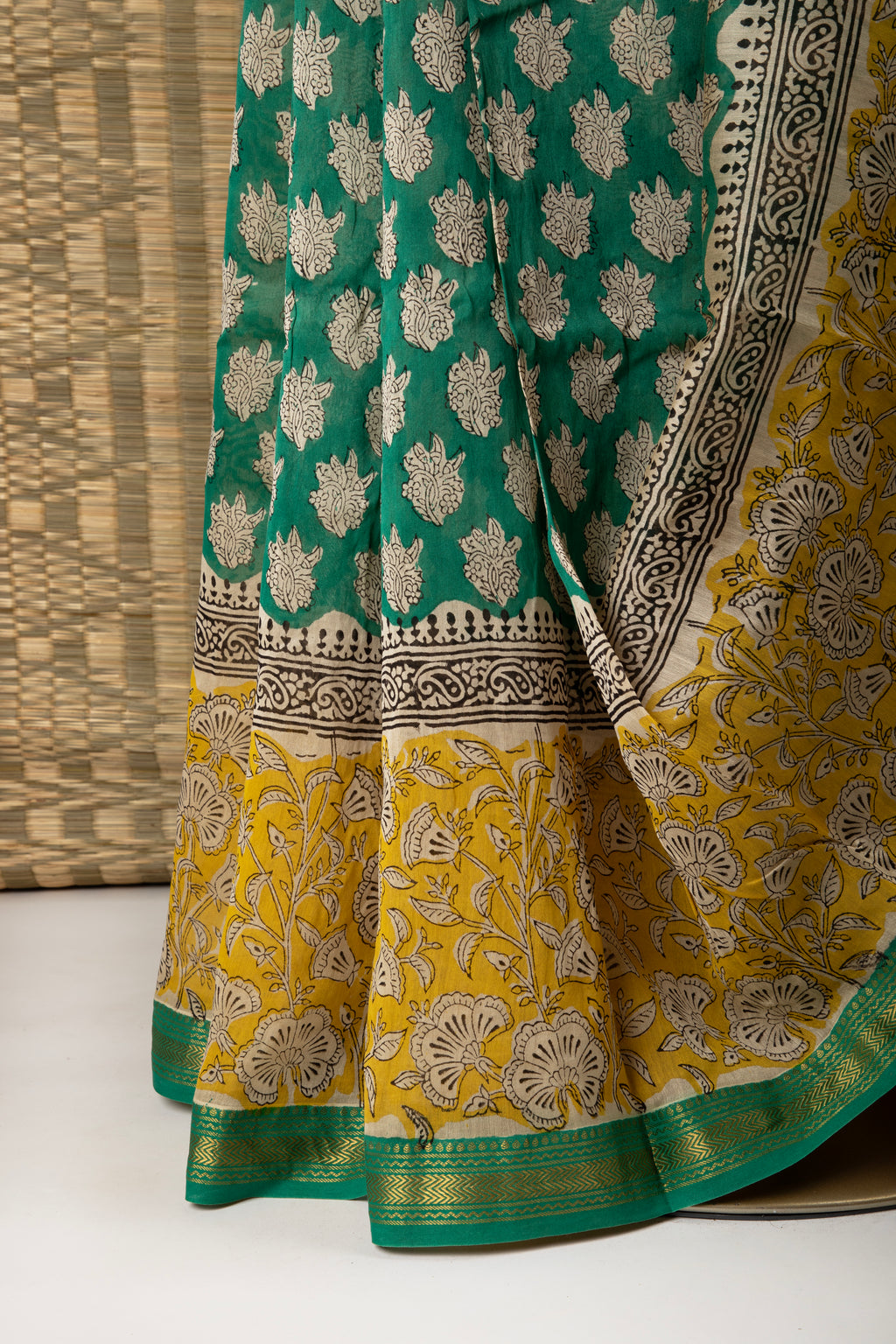 Green and yellow silk coton block print saree