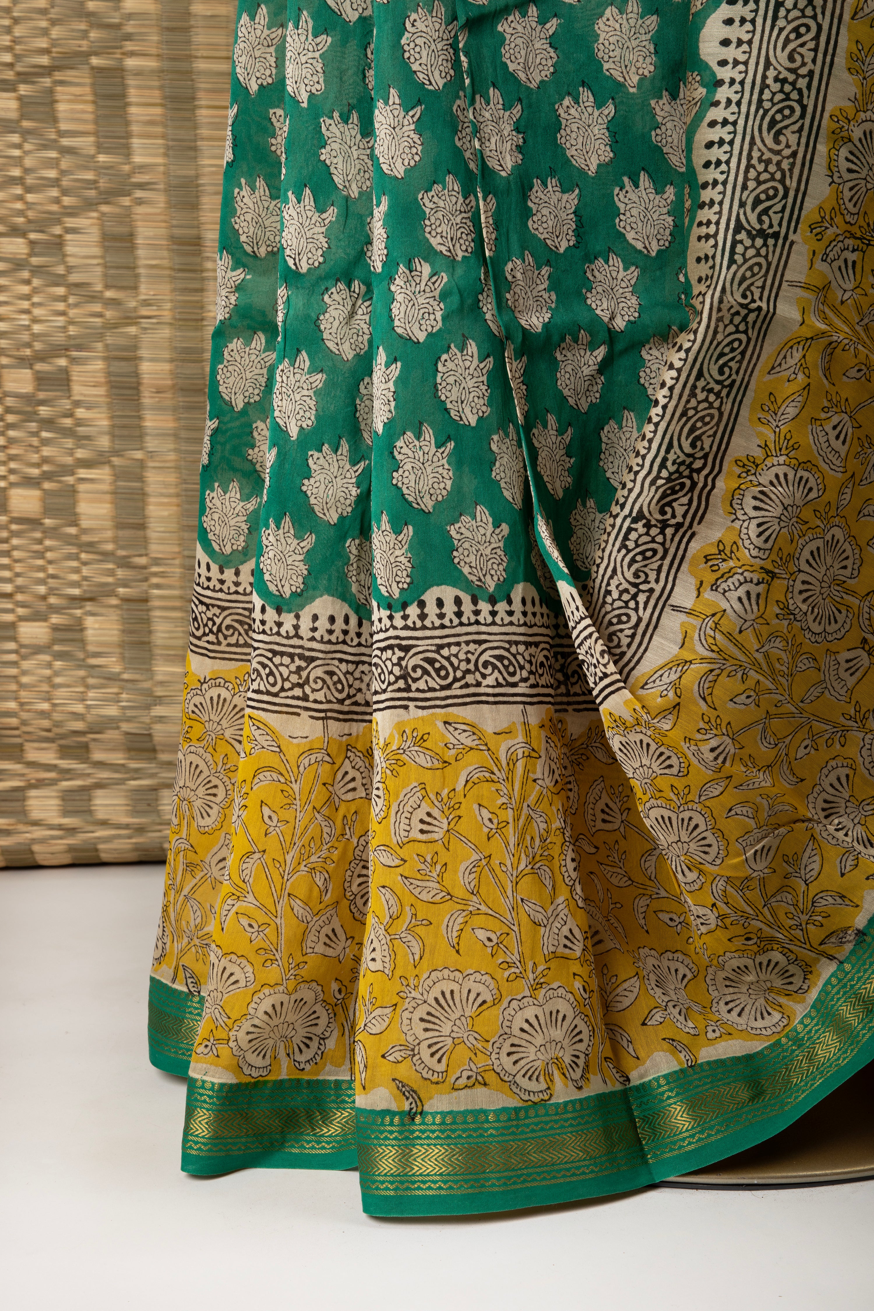 Green and yellow silk coton block print saree