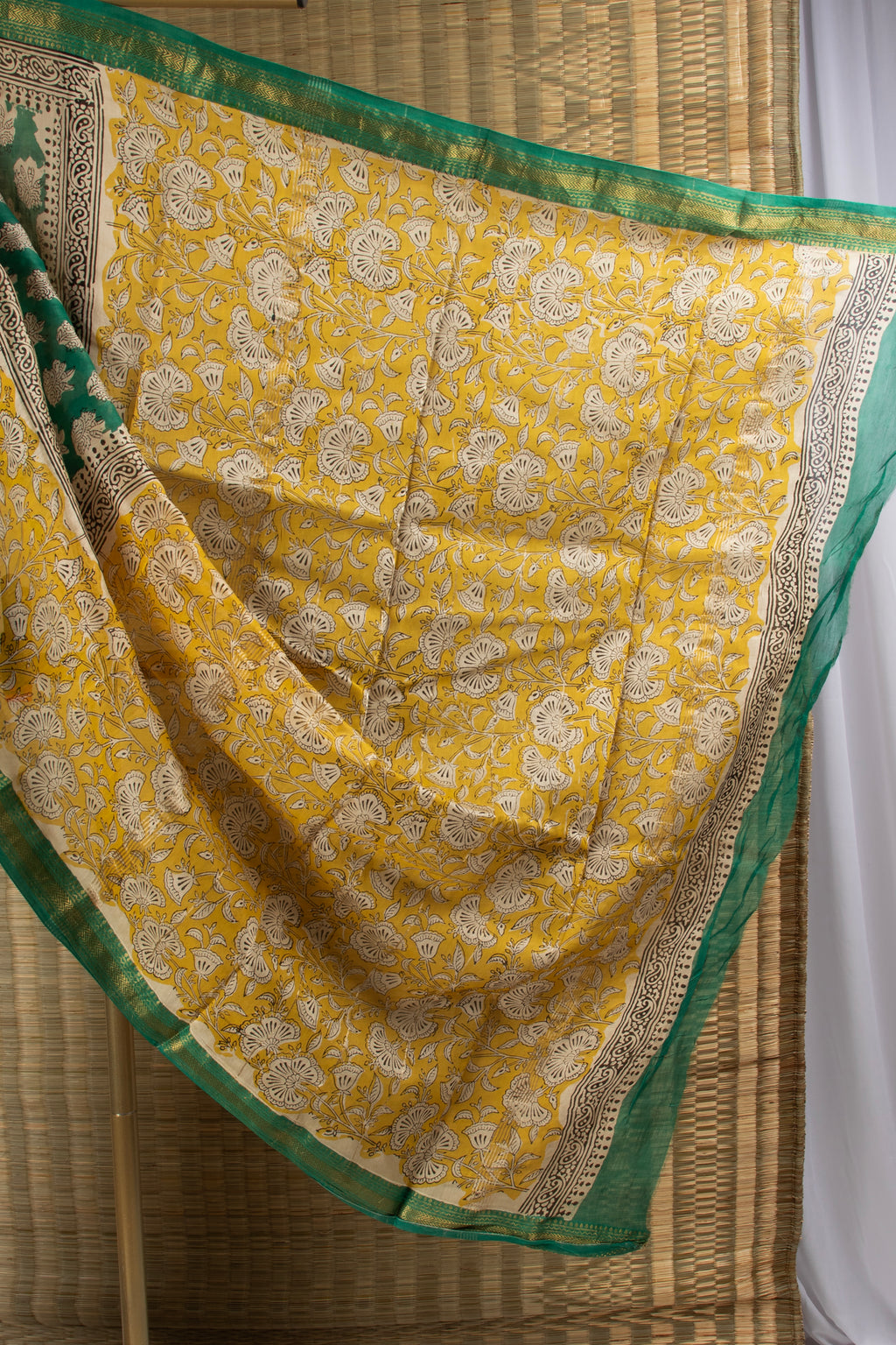 Green and yellow silk coton block print saree