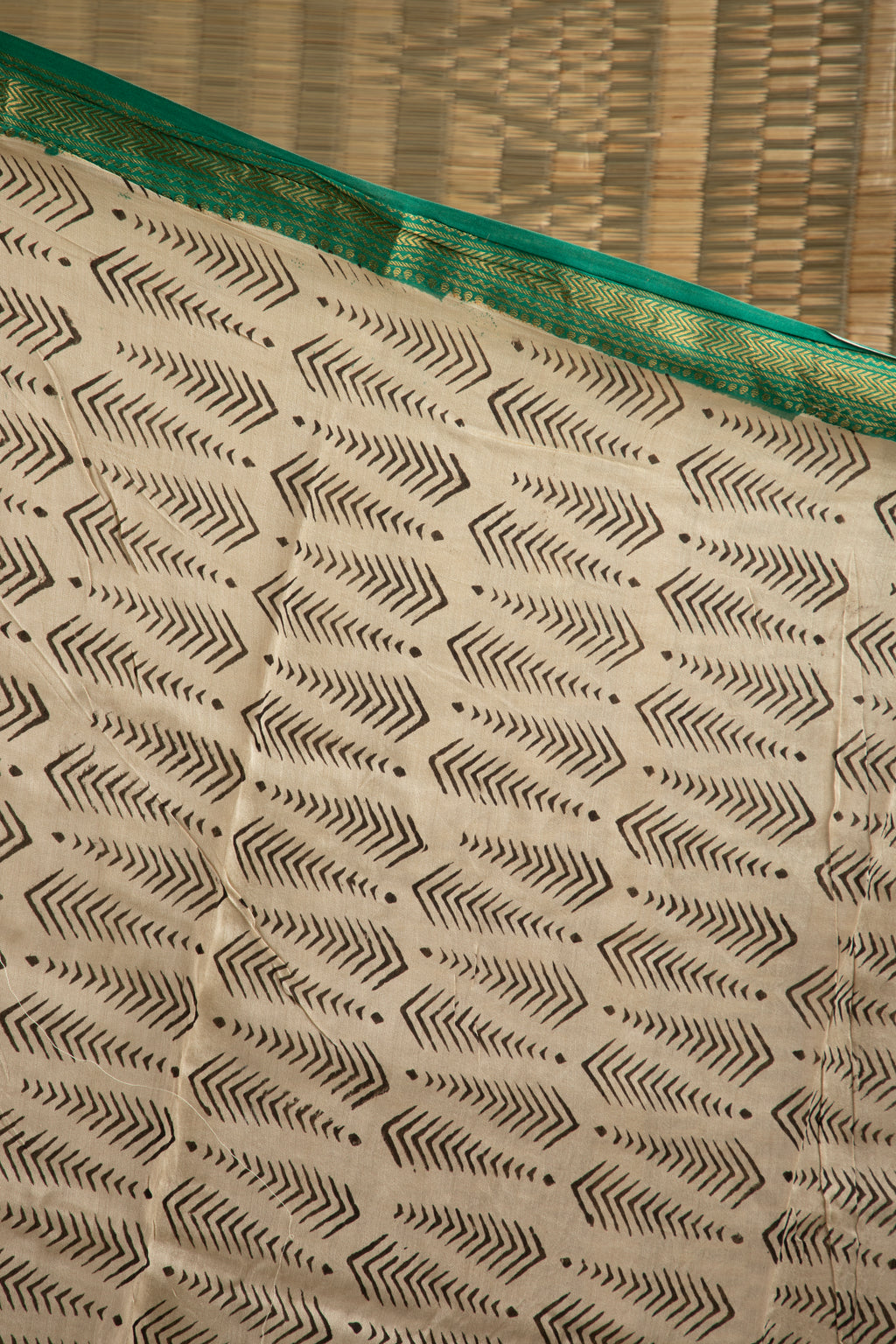 Green and yellow silk coton block print saree