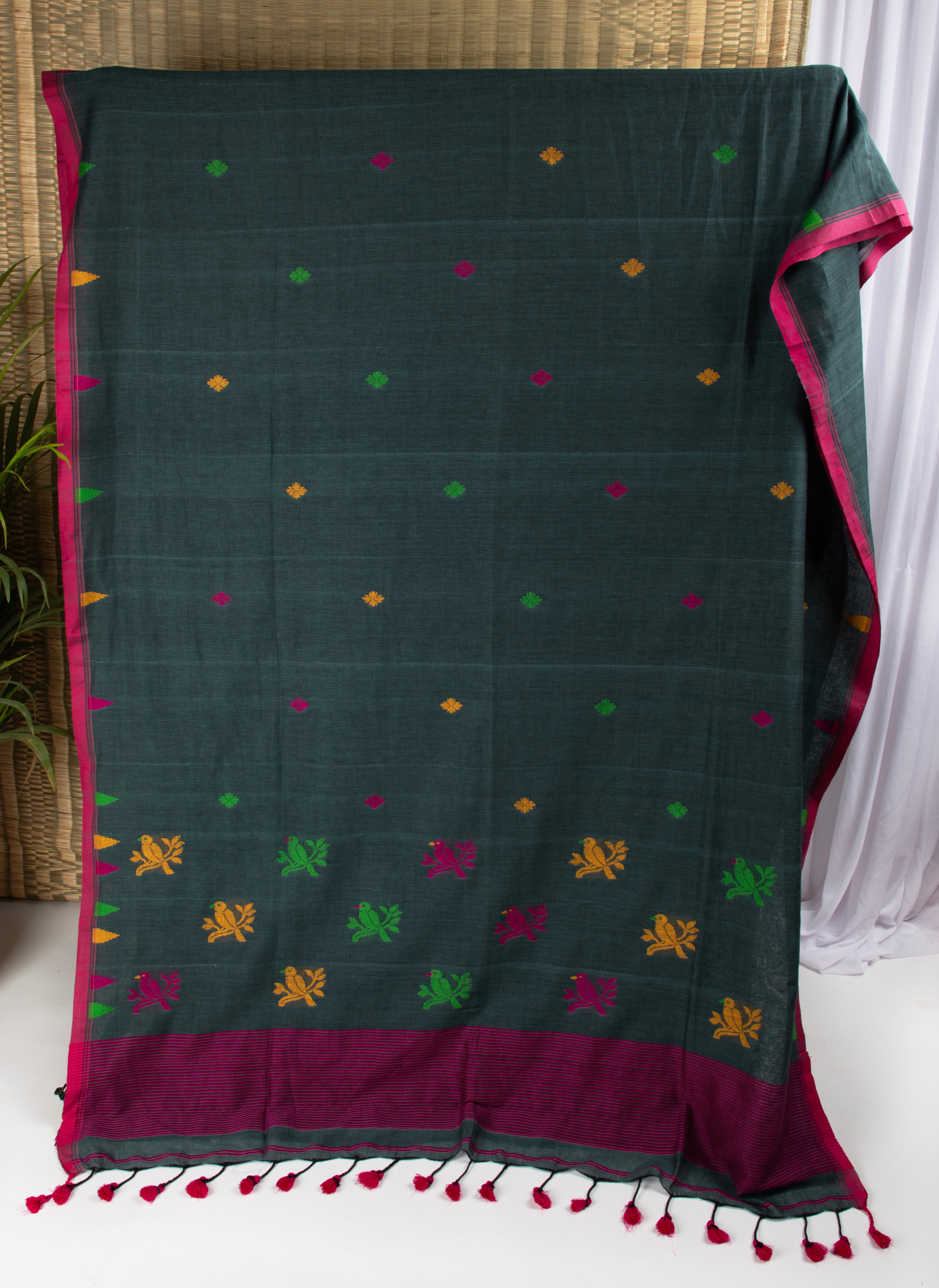 Bottle green bird motif saree