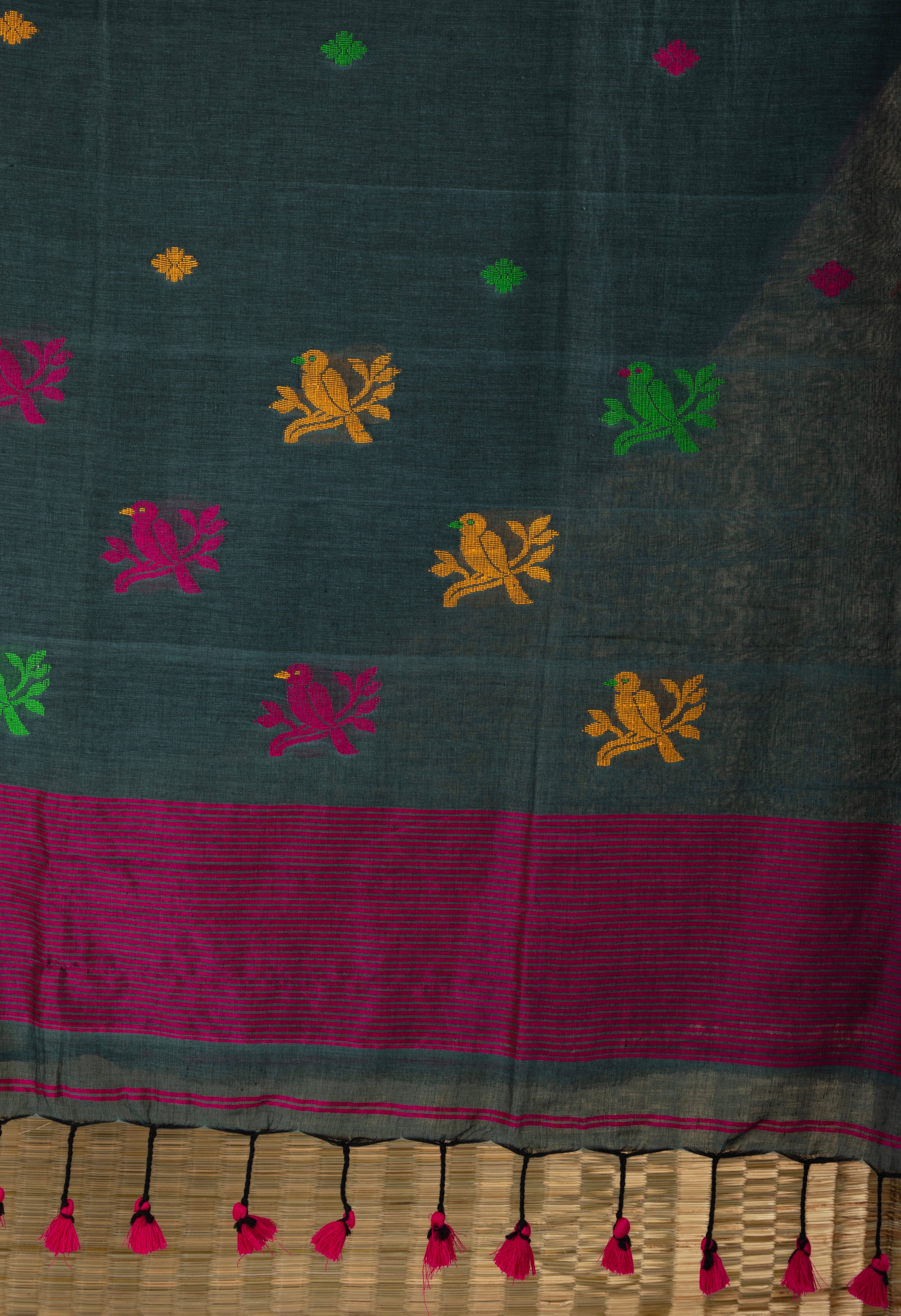 Bottle green bird motif saree