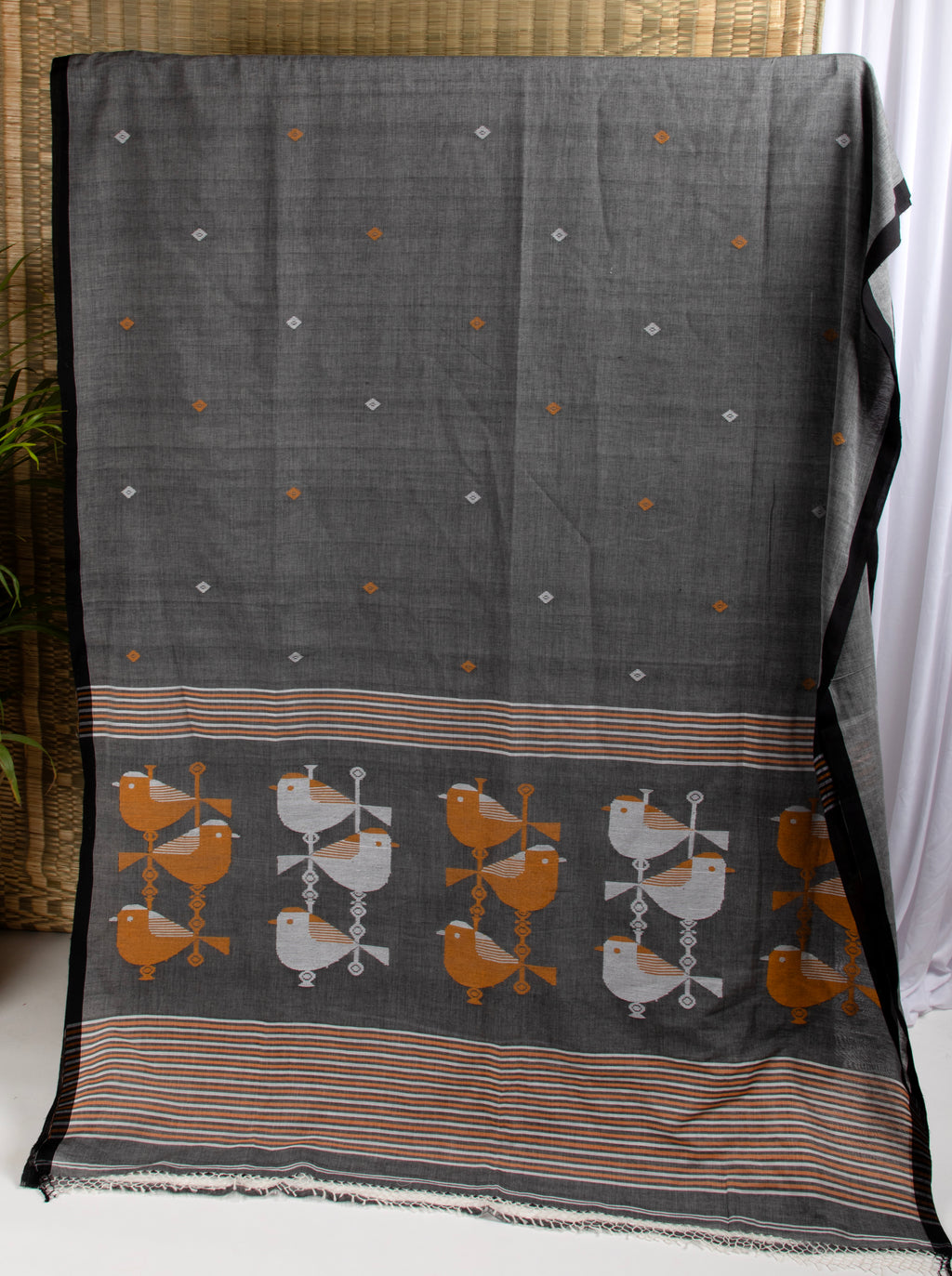Grey cotton saree with bird motifs