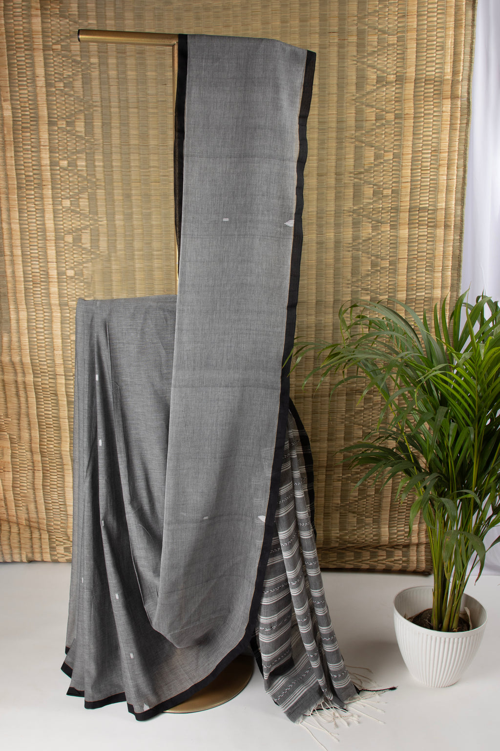 Grey and black handloom cotton saree