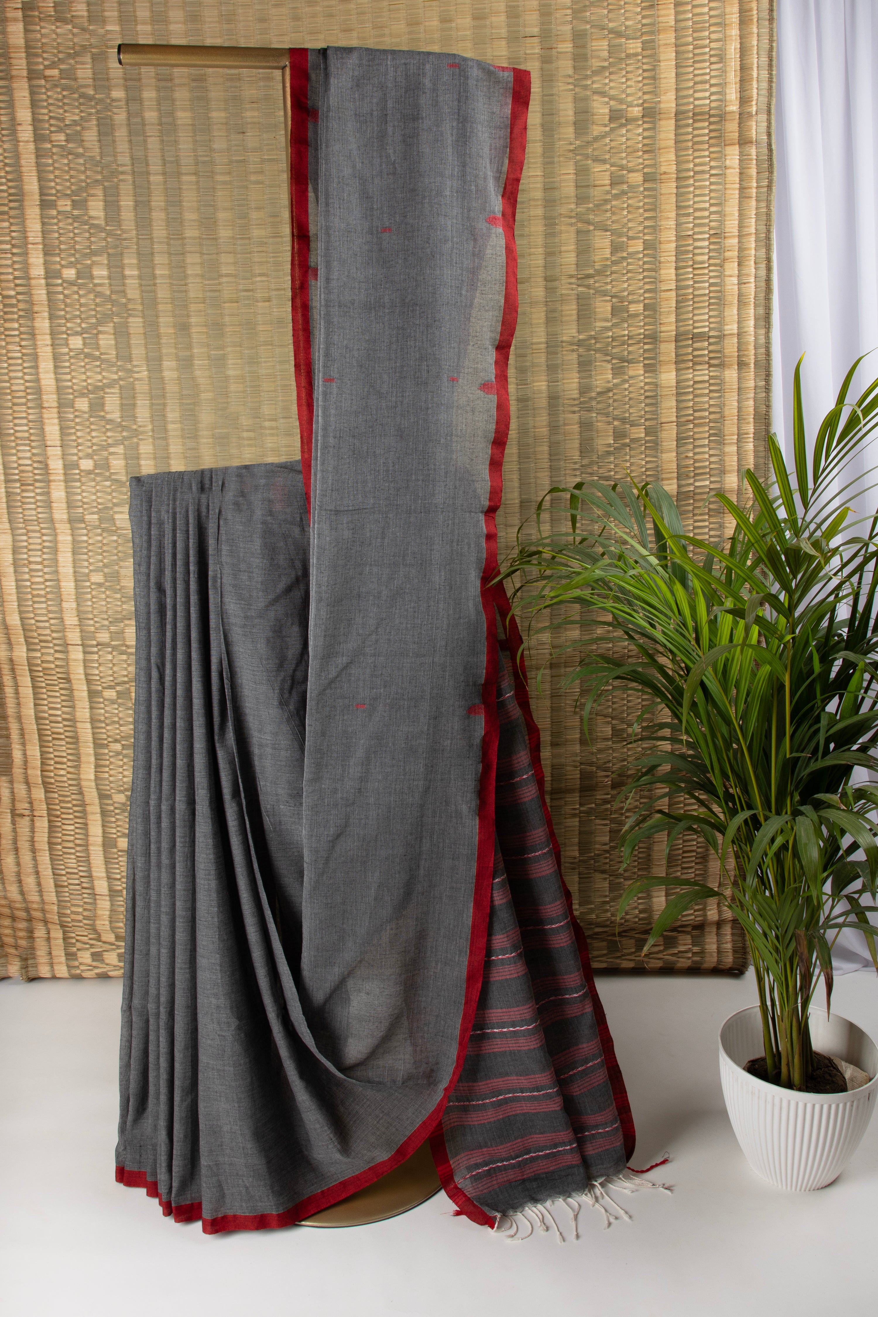 Grey and red handloom cotton saree