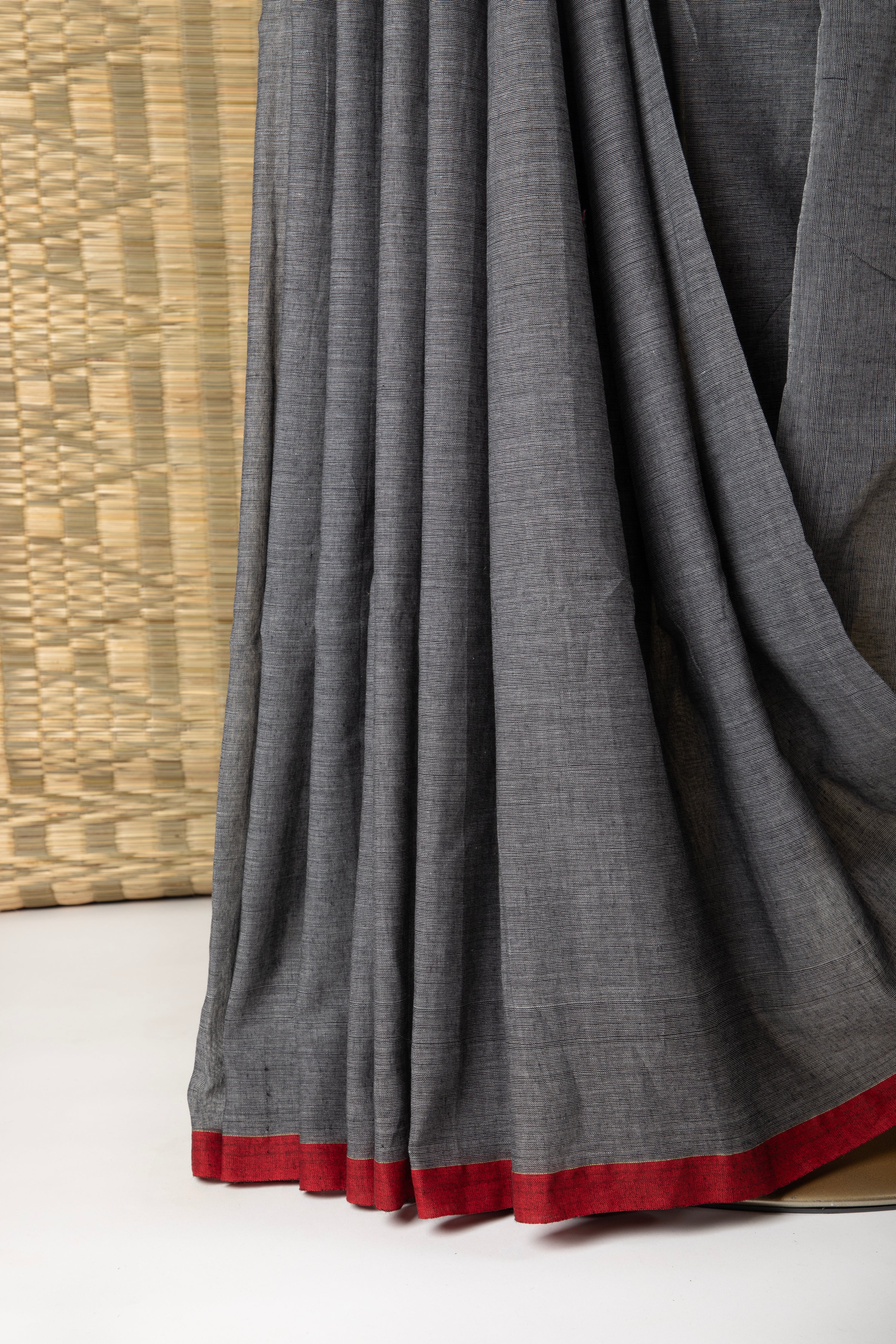 Grey and red handloom cotton saree