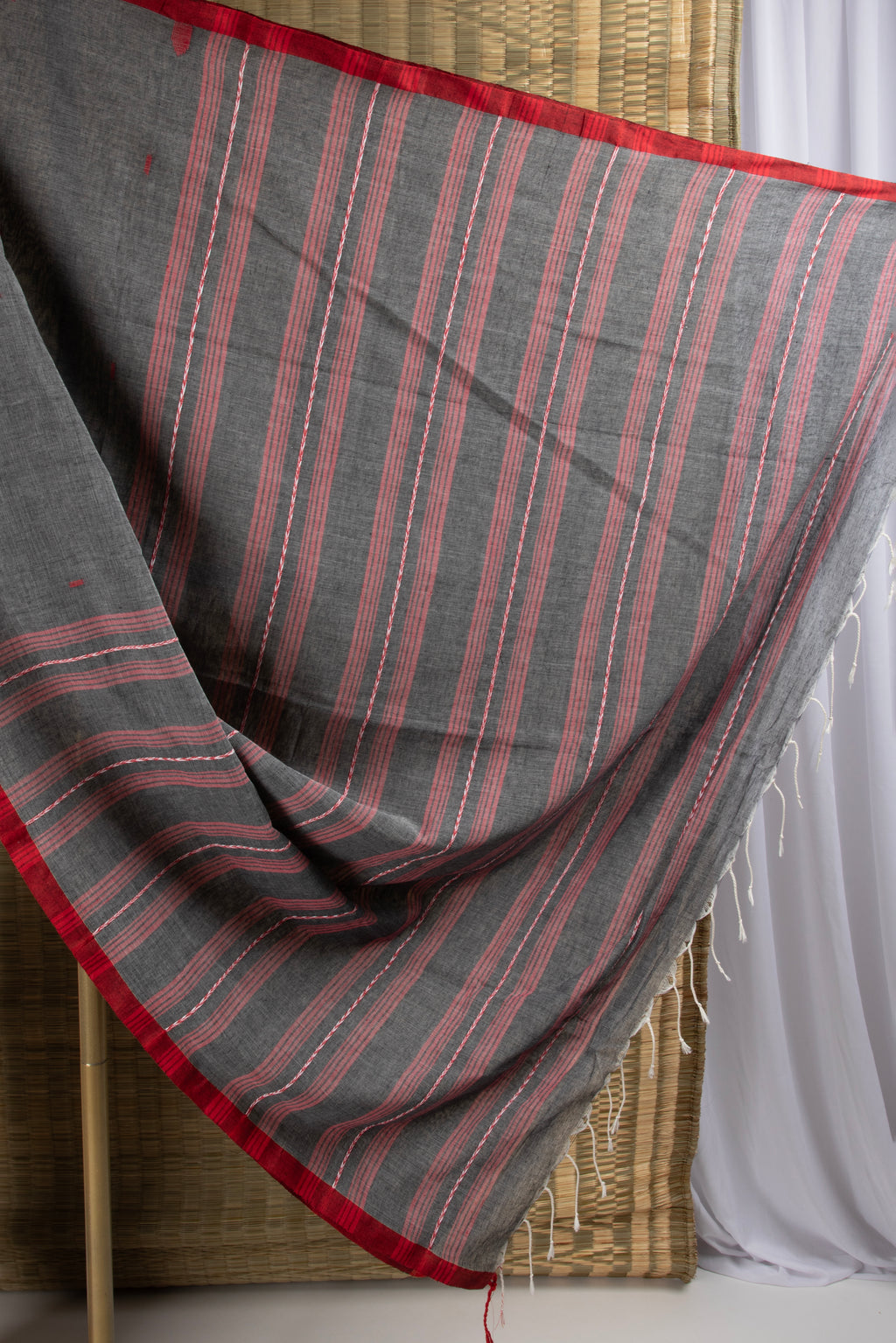Grey and red handloom cotton saree