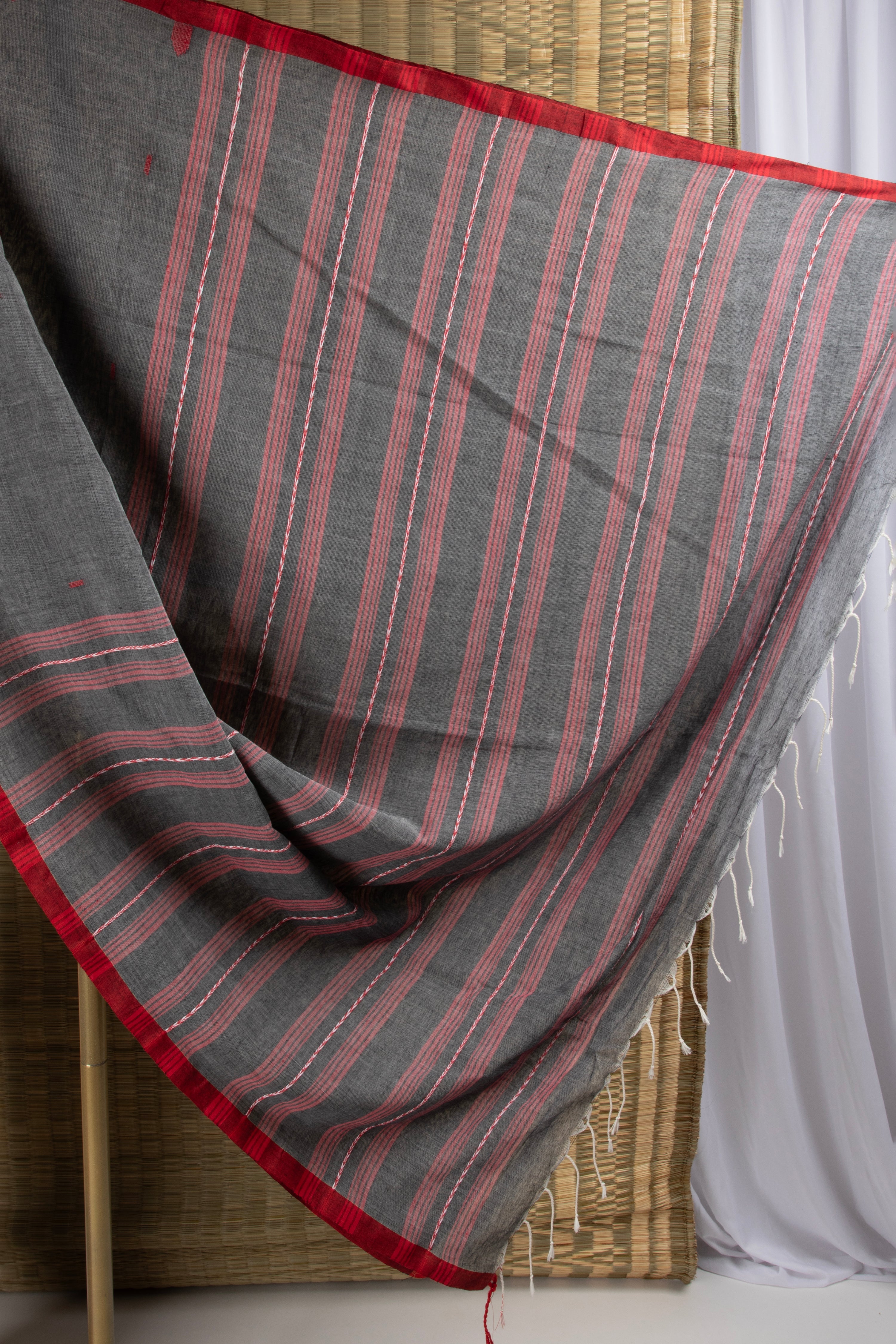 Grey and red handloom cotton saree