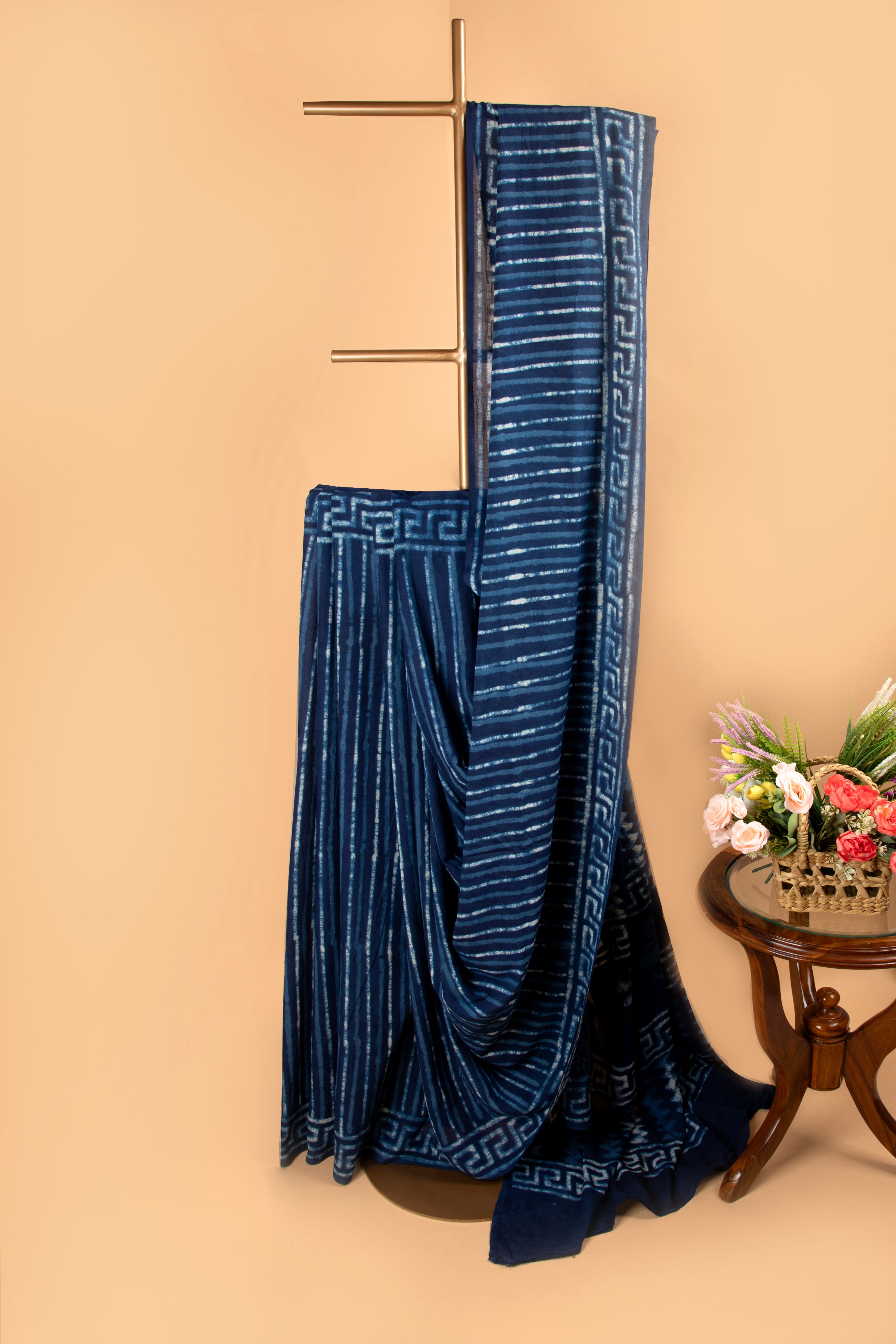 Indigo Hand block saree with stripe pattern