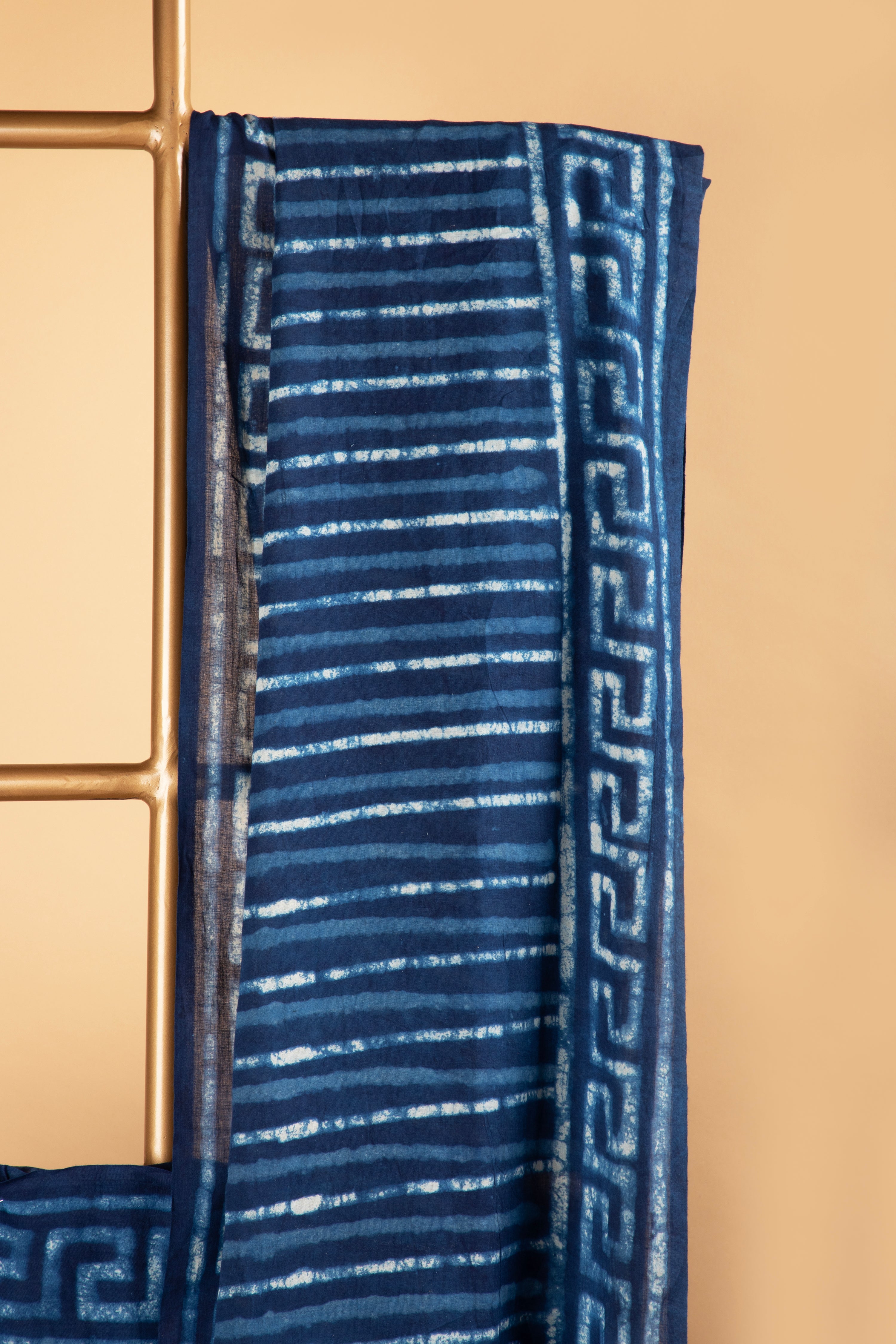 Indigo Hand block saree with stripe pattern