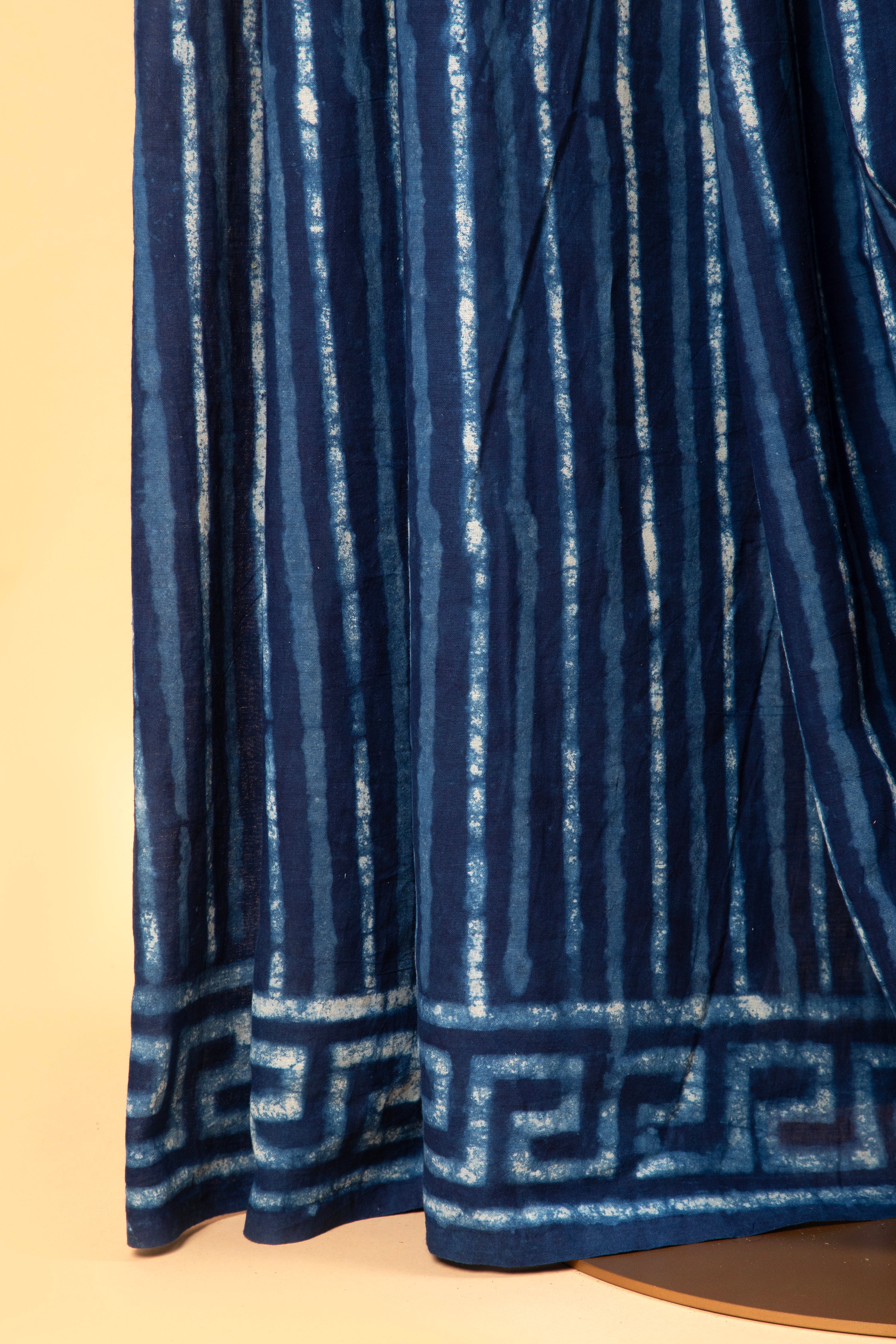 Indigo Hand block saree with stripe pattern