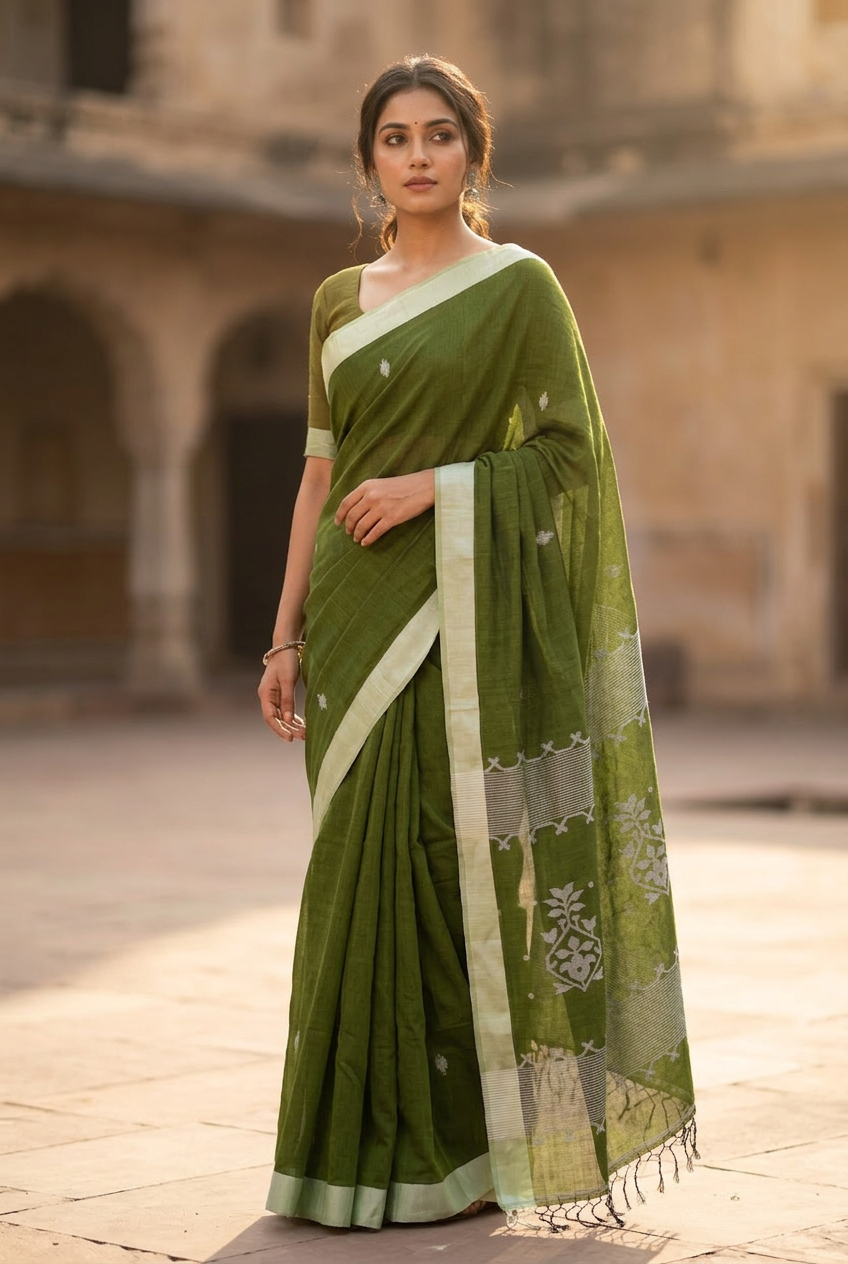 Green cotton saree