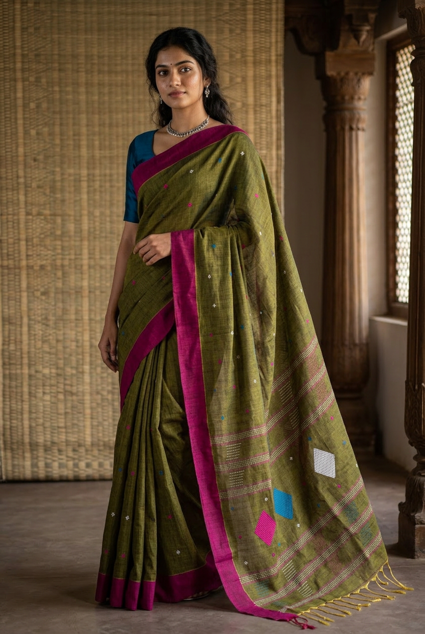 Moss green diamond buta cotton saree