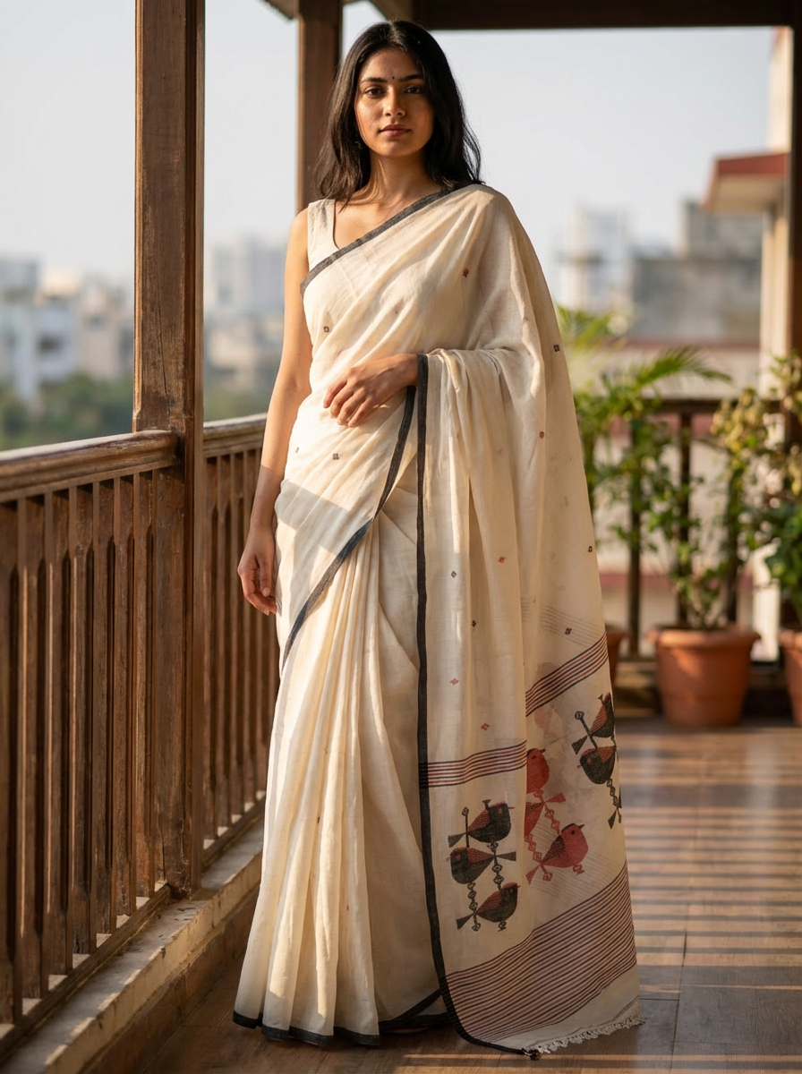 Off white cotton saree with bird motif