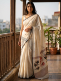 Off white cotton saree with bird motif