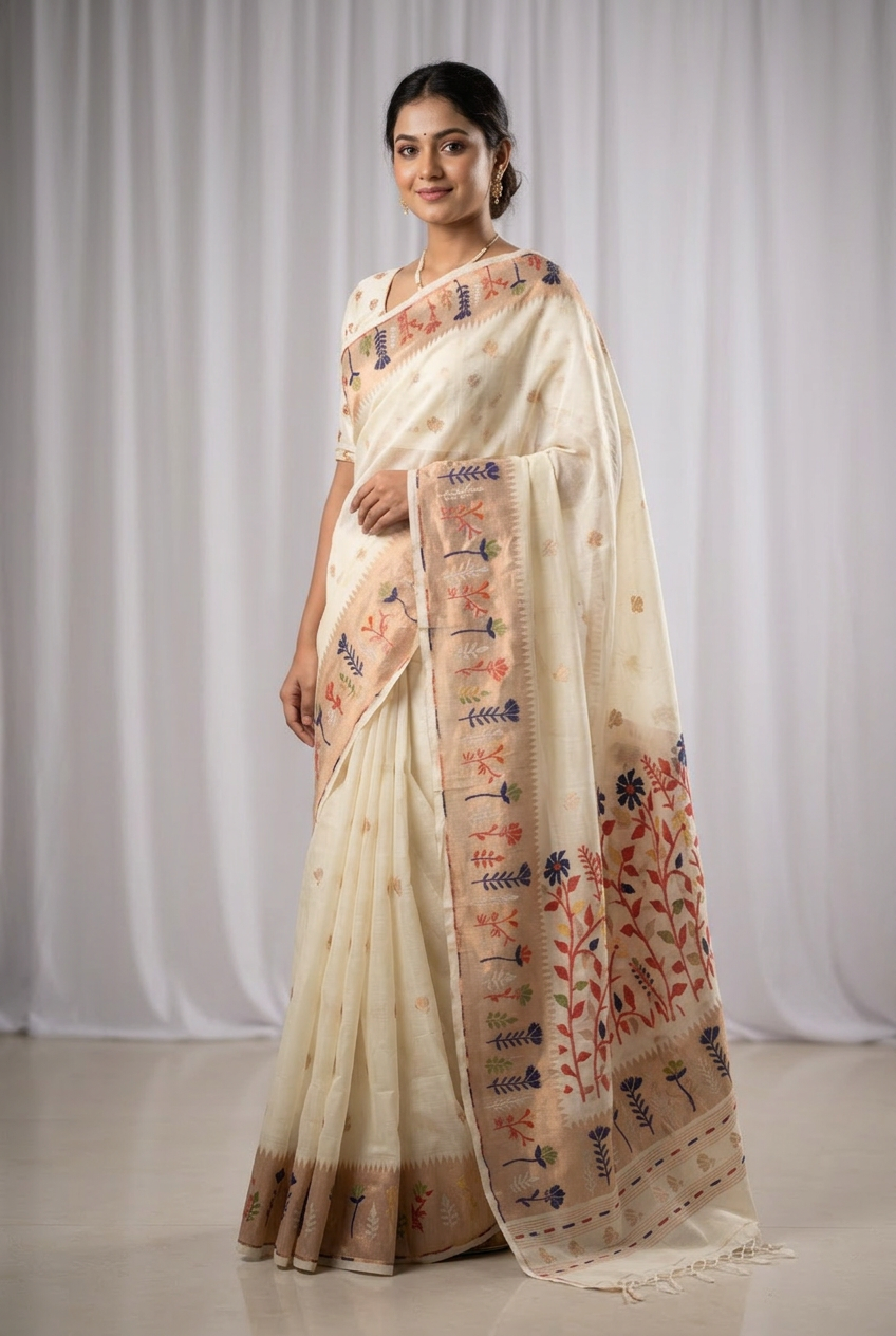 Off white and red cotton paithani inspired saree