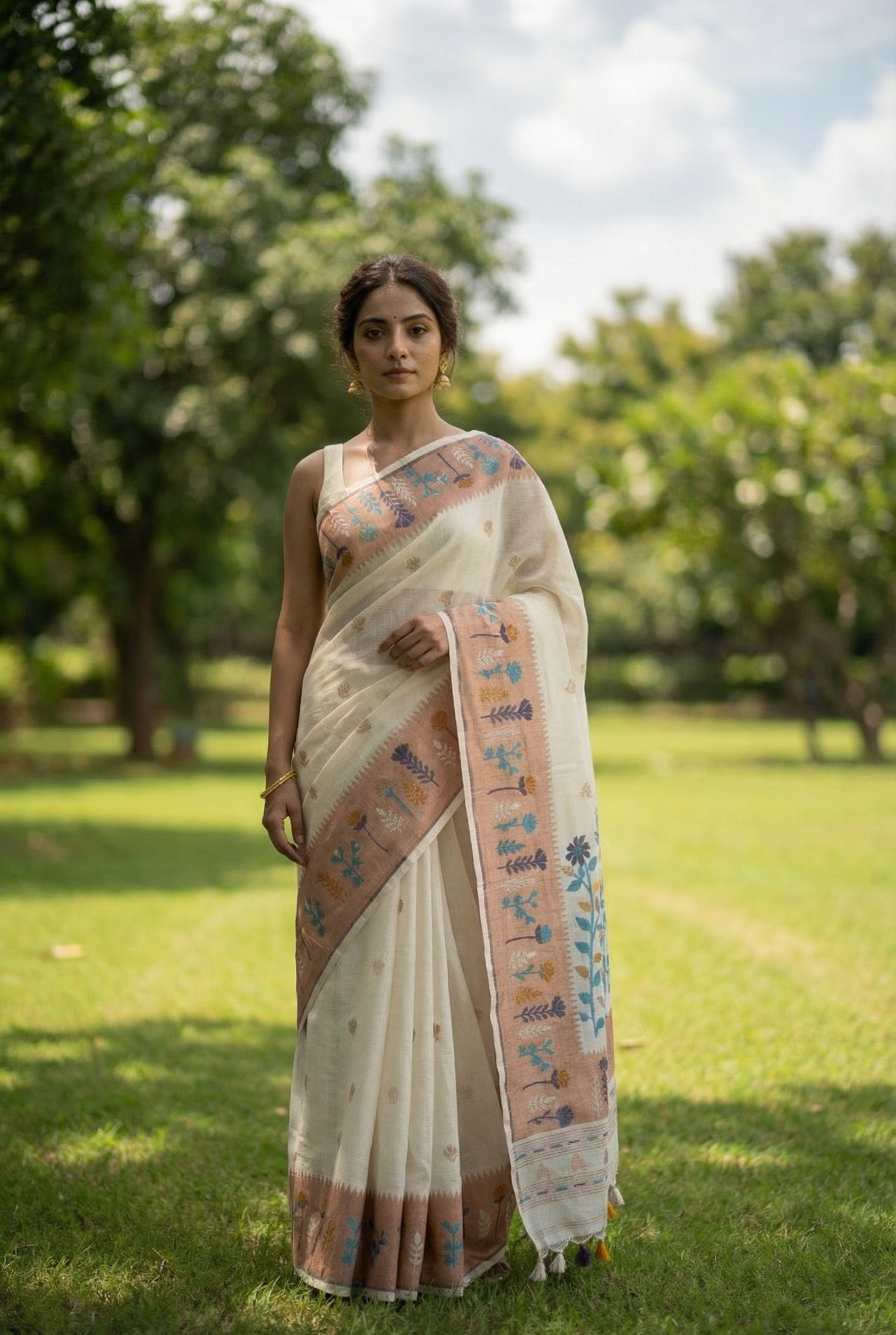 Off white and blue paithani inspired cotton saree