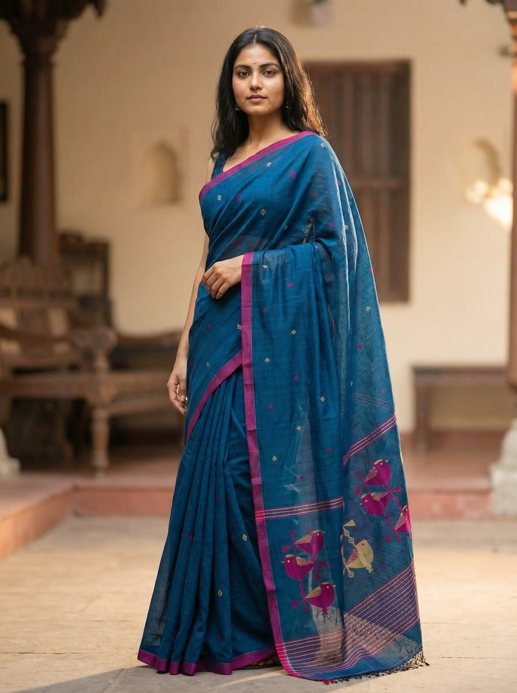 Blue cotton saree with bird motif