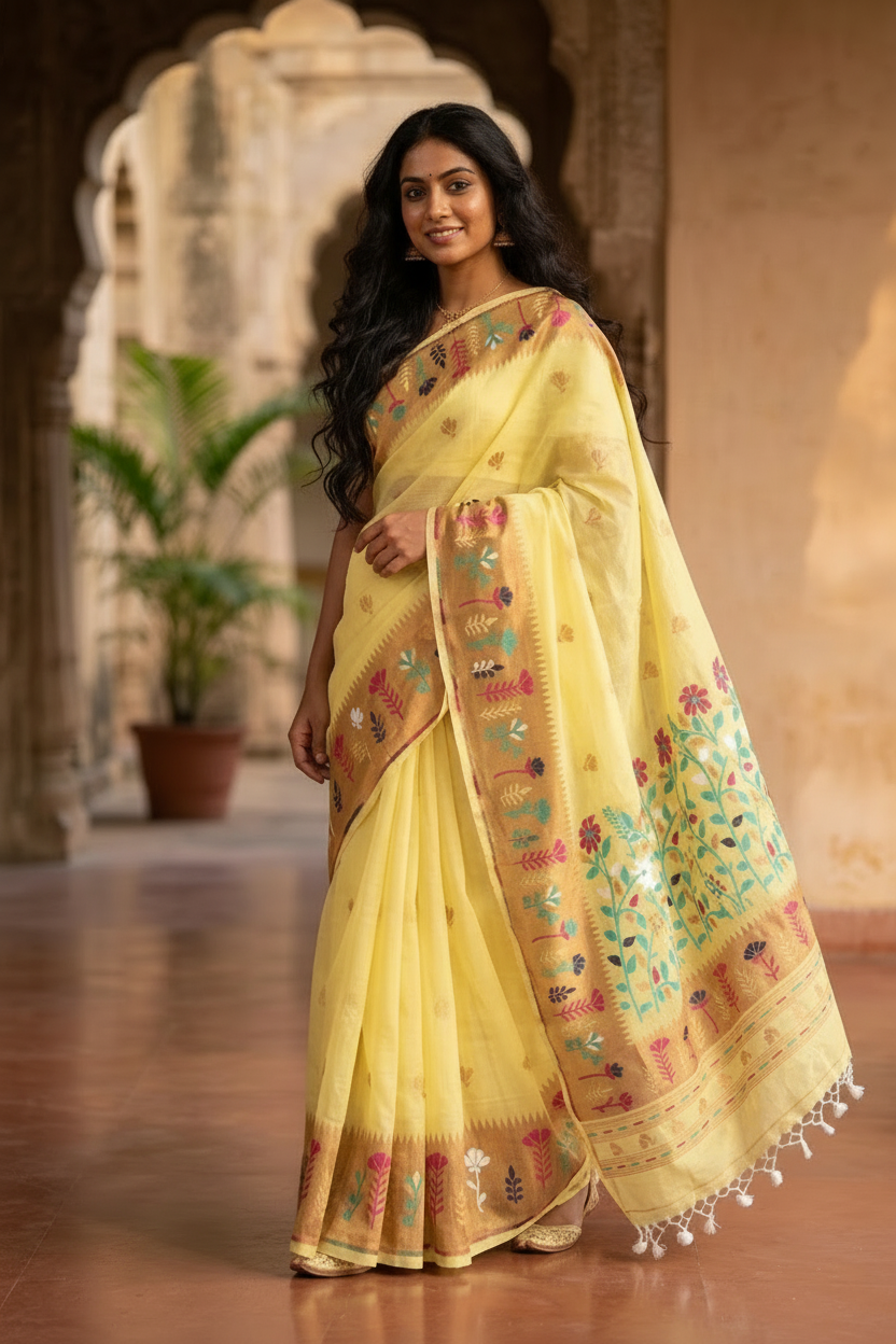 Paithani inspired yello cotton saree