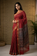 Red silk cotton block print saree