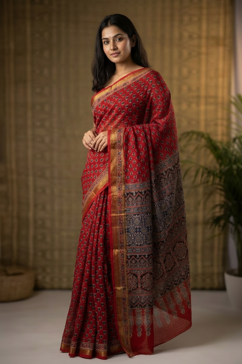 Red silk cotton block print saree