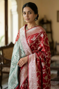 Red and green floral design benarasi