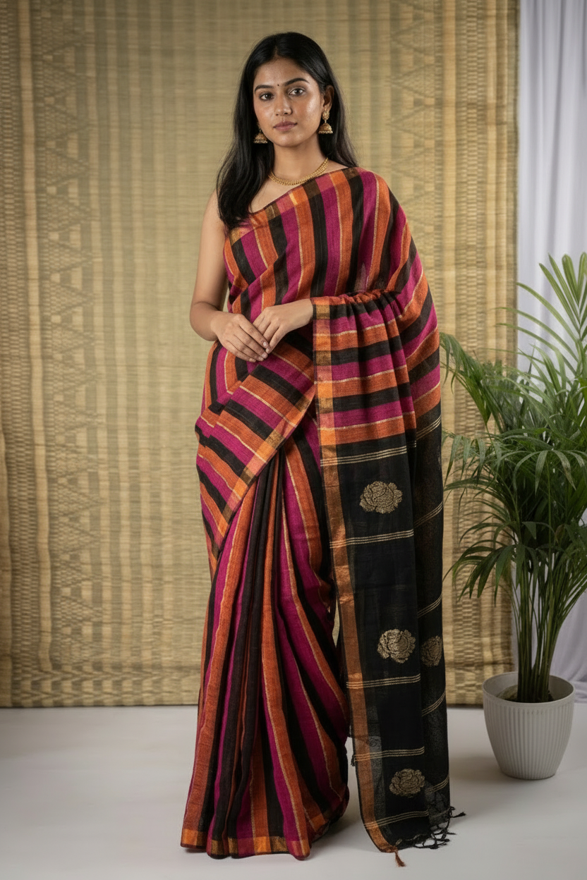 Black multi striped jute cotton saree