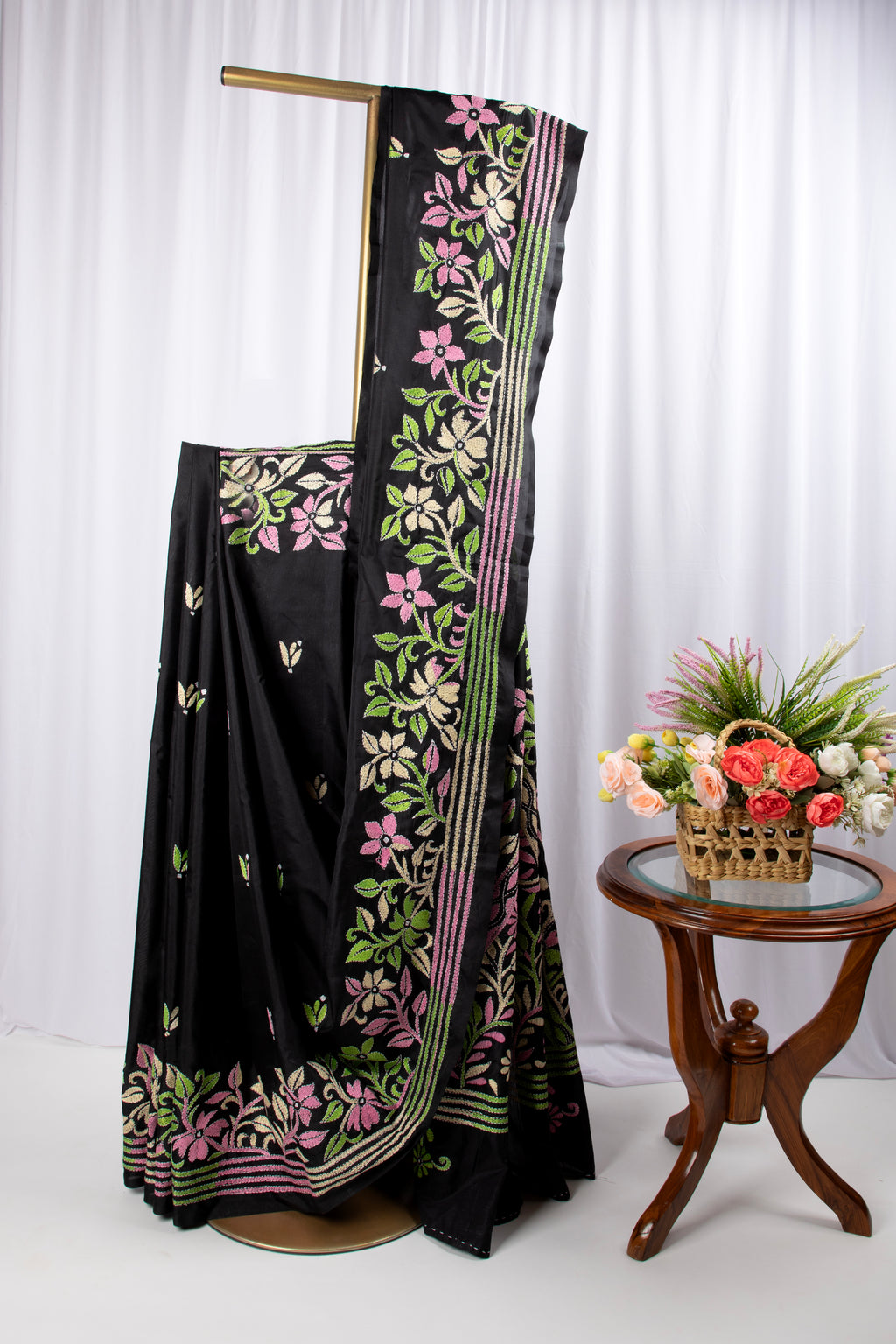 Black kantha stitch saree in blended silk