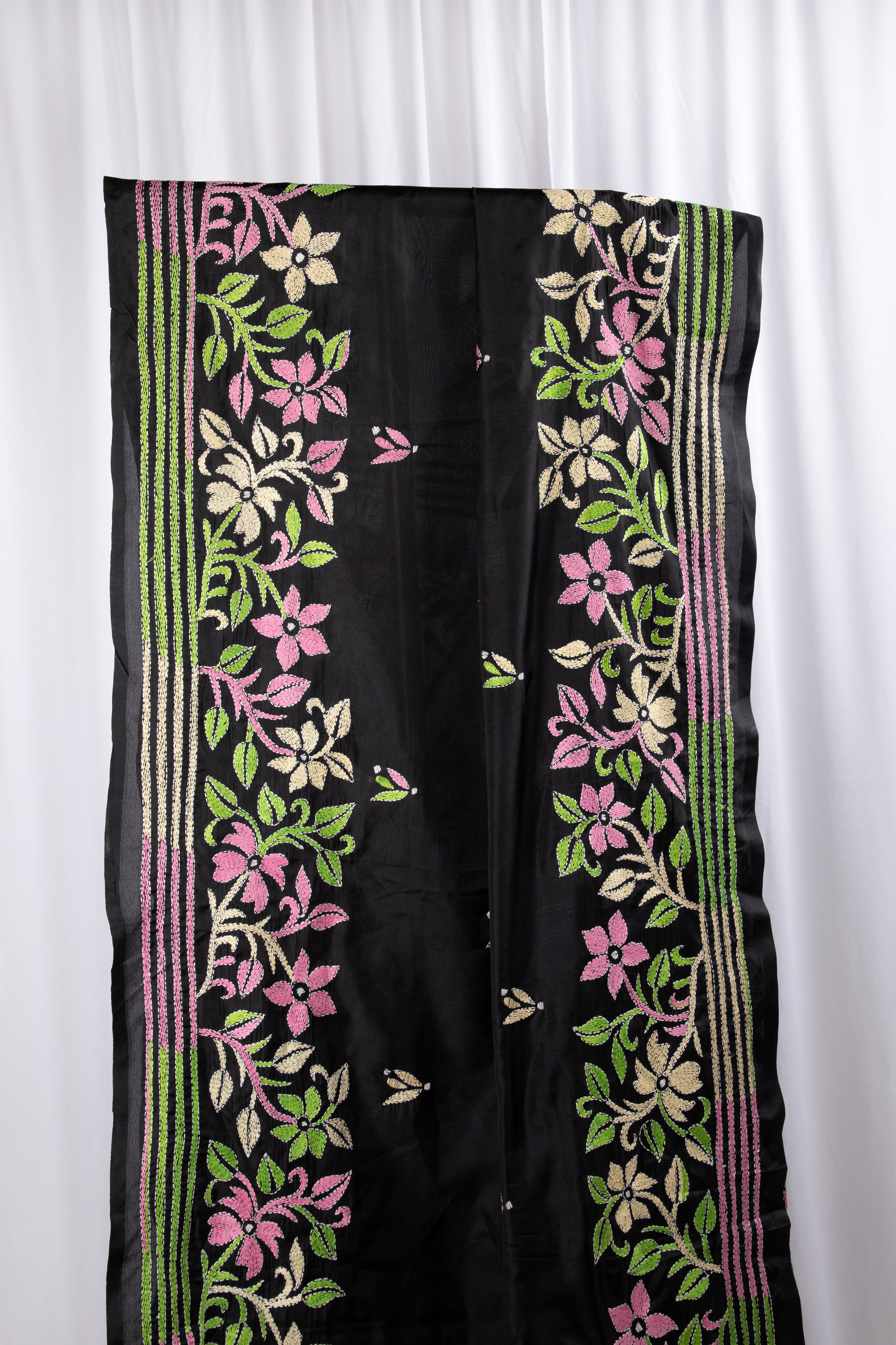 Black kantha stitch saree in blended silk