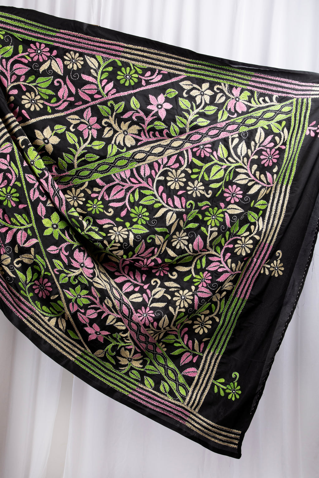 Black kantha stitch saree in blended silk
