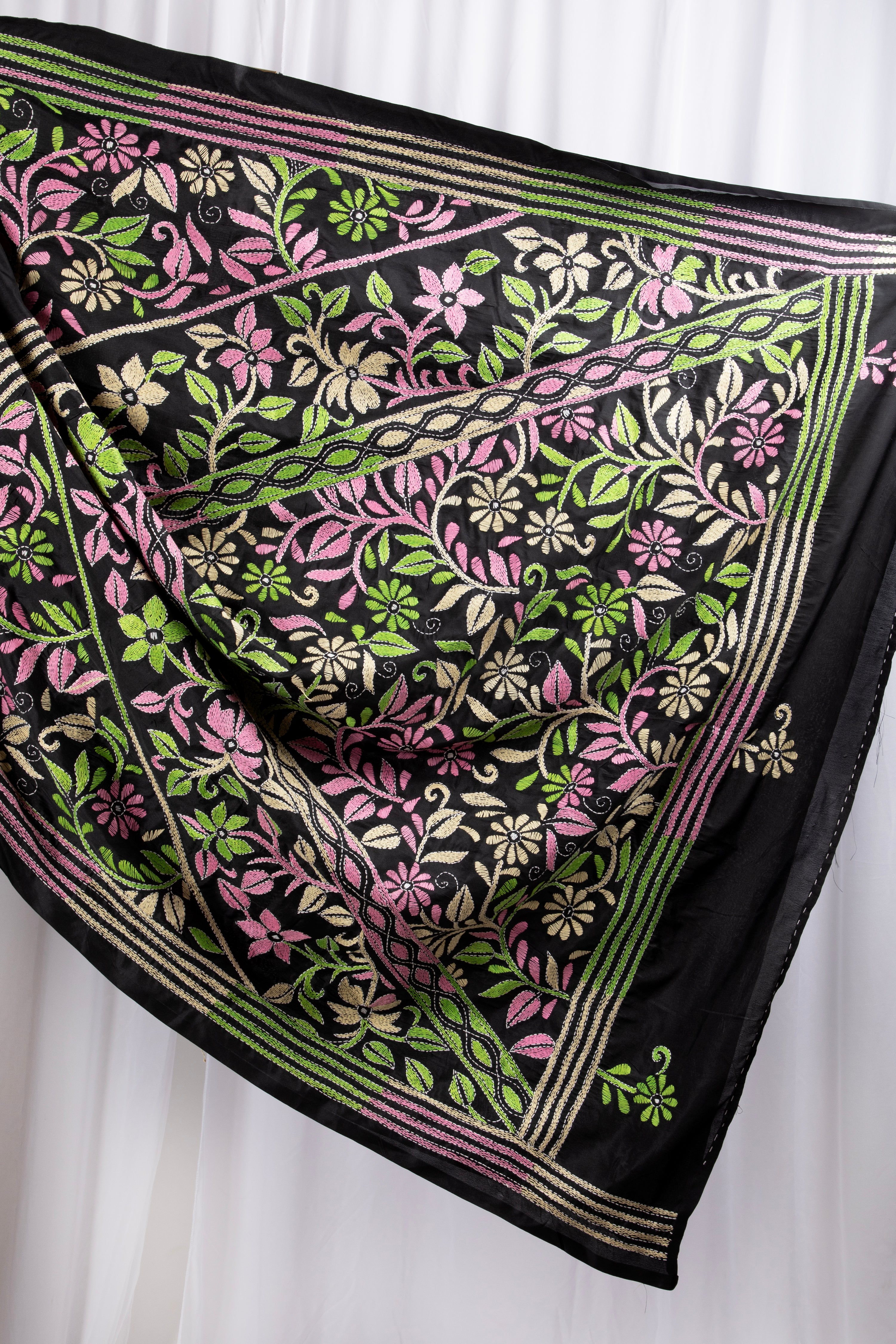 Black kantha stitch saree in blended silk