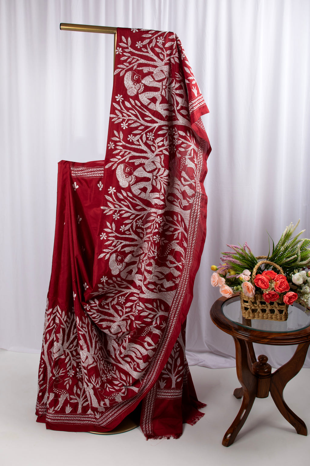 Maroon kantha stitch saree in blended silk